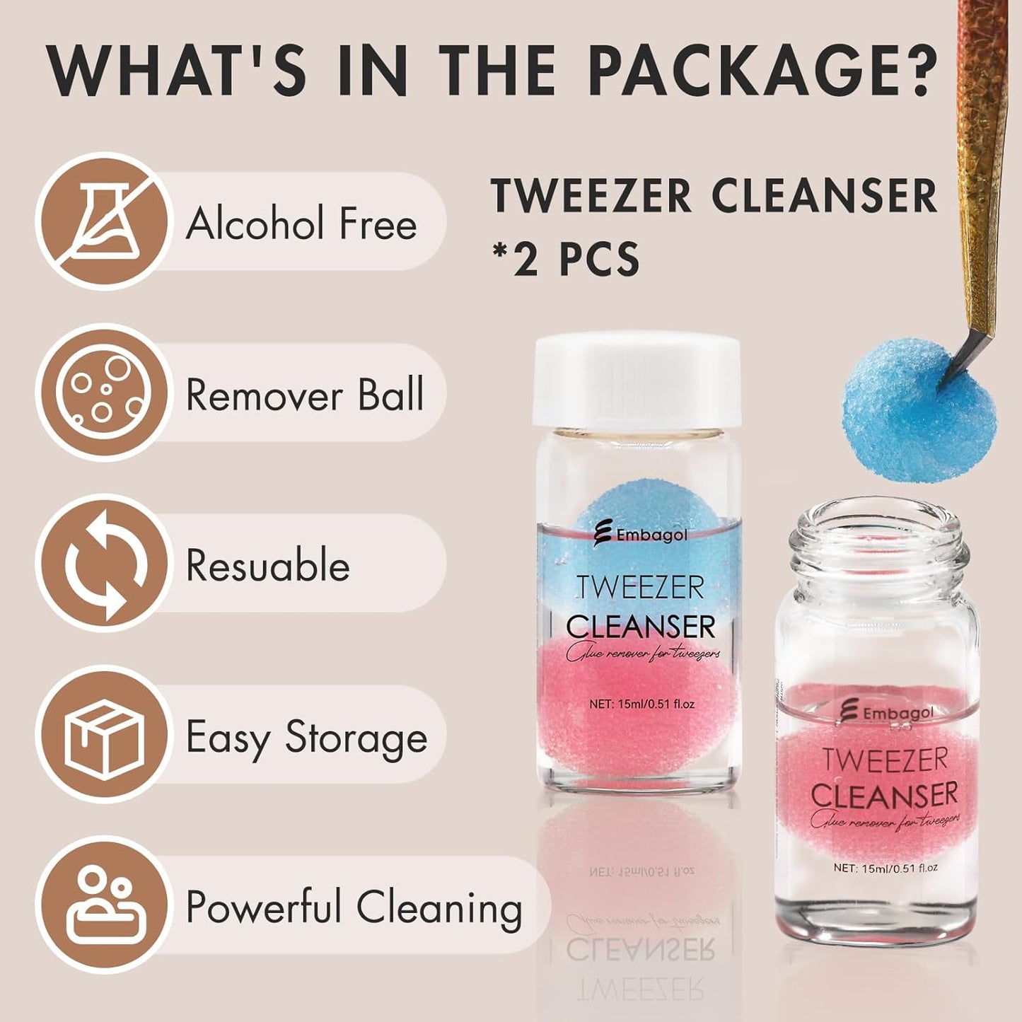 2 Bottles Tweezer Cleanser for Eyelash Extensions Tweezers Glue Remover Liquid for Lash Tools with 2 Spongeballs(2 Bottles Cleanser)