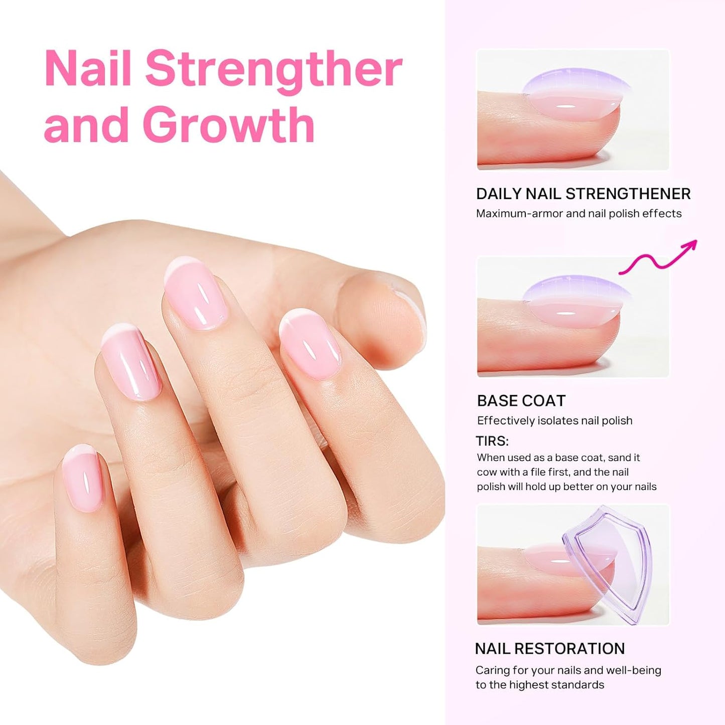MIZHSE Nail Strengthener, Light Pink Air Dry Nail Repair Treatment Growth Polish, Natural Concealer Ridge Filler for Nails Foundation Polish for Thin and Damaged Nails 16ML