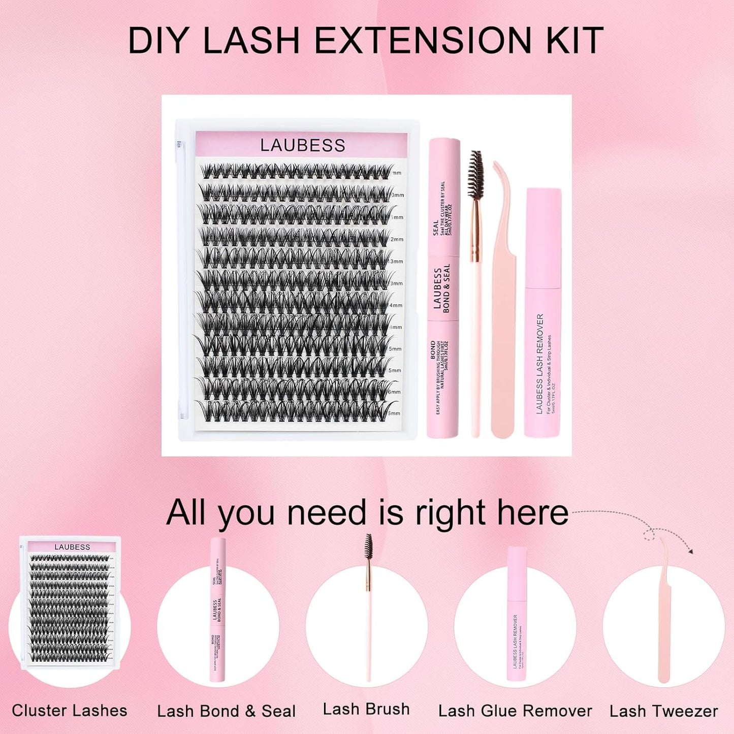 Lash Extension Kit LAUBESS Lash Clusters Kit Cluster Eyelash Extensions Kit Eyelash Clusters Lash Bond and Seal Waterproof Tweezers Brush Lash Glue Remover (Kit 40D-D-Mix9-16(0.05)