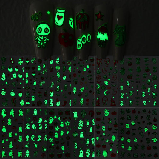 12 Sheets Halloween Nail Art Stickers Glow in The Dark Pumpkin Nail Decals Fluorescent Ghost Nail Stickers Self Adhesive Skull Nail Art Supplies for Women Girls DIY Manicure Nail Art Decorations
