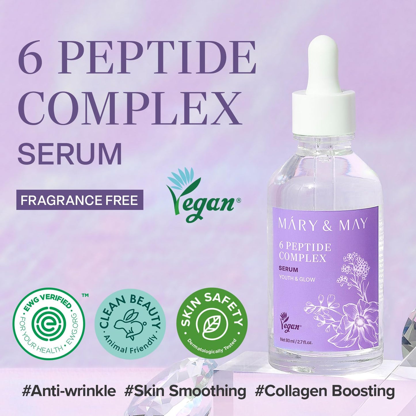 Mary&May 6 Peptide Complex Serum - Korean Anti-Aging Face Treatment for Wrinkle Reduction, Skin Firmness & Hydration, EWG Verified, Fragrance Free, 2.71 fl.oz.