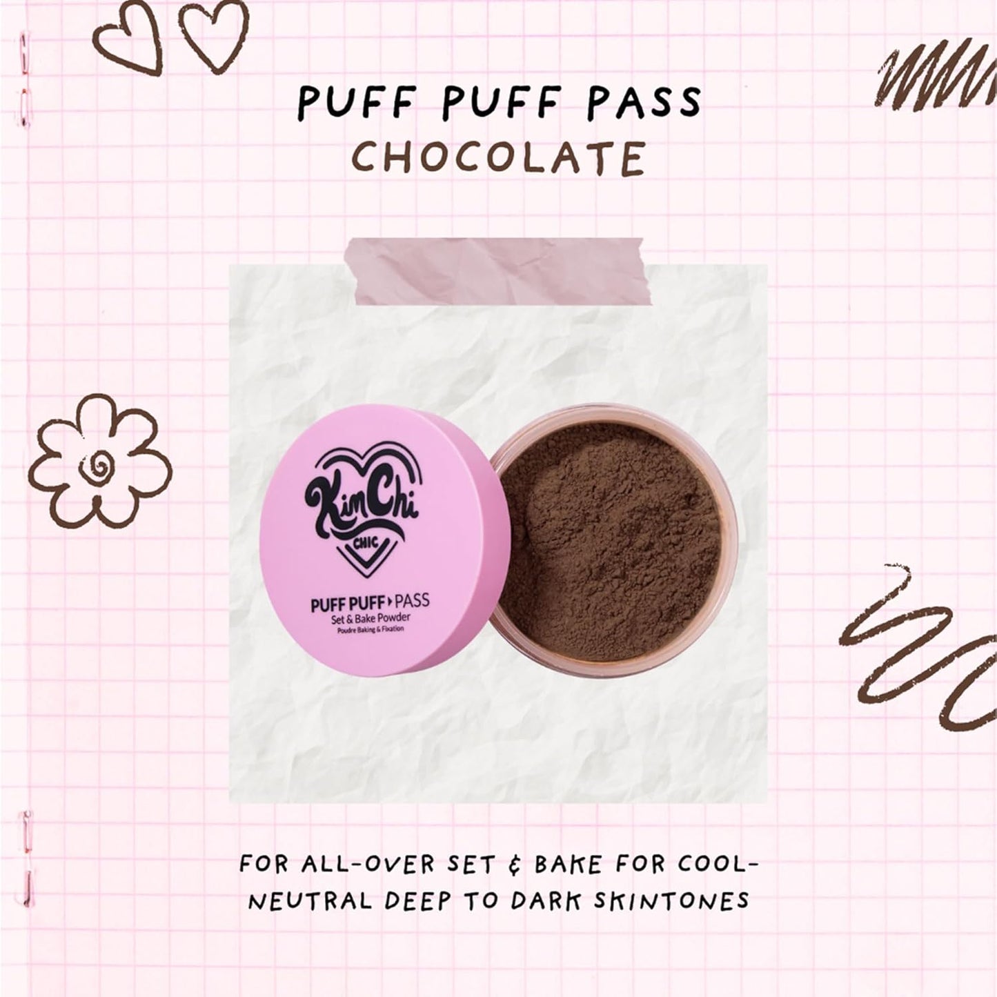 Kimchi Chic Beauty Puff Puff Pass Set and Bake Setting Powder for Makeup, Extra Fluffy Loose Face Powder Poof, Soft Natural Face Makeup for Uneven Skin Tone, 08 Chocolate