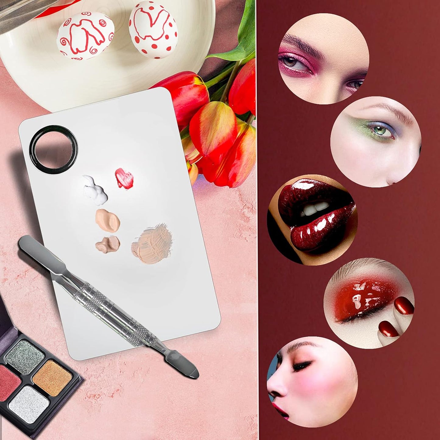 2Pcs Cosmetic Makeup Palette, Premium Stainless Steel Metal Makeup Mixing Palette with Spatula, Makeup Mixing Tray for Mixing Foundation/Eye Shadow/Mascara/Nail Polish/Pigment/Nail Art