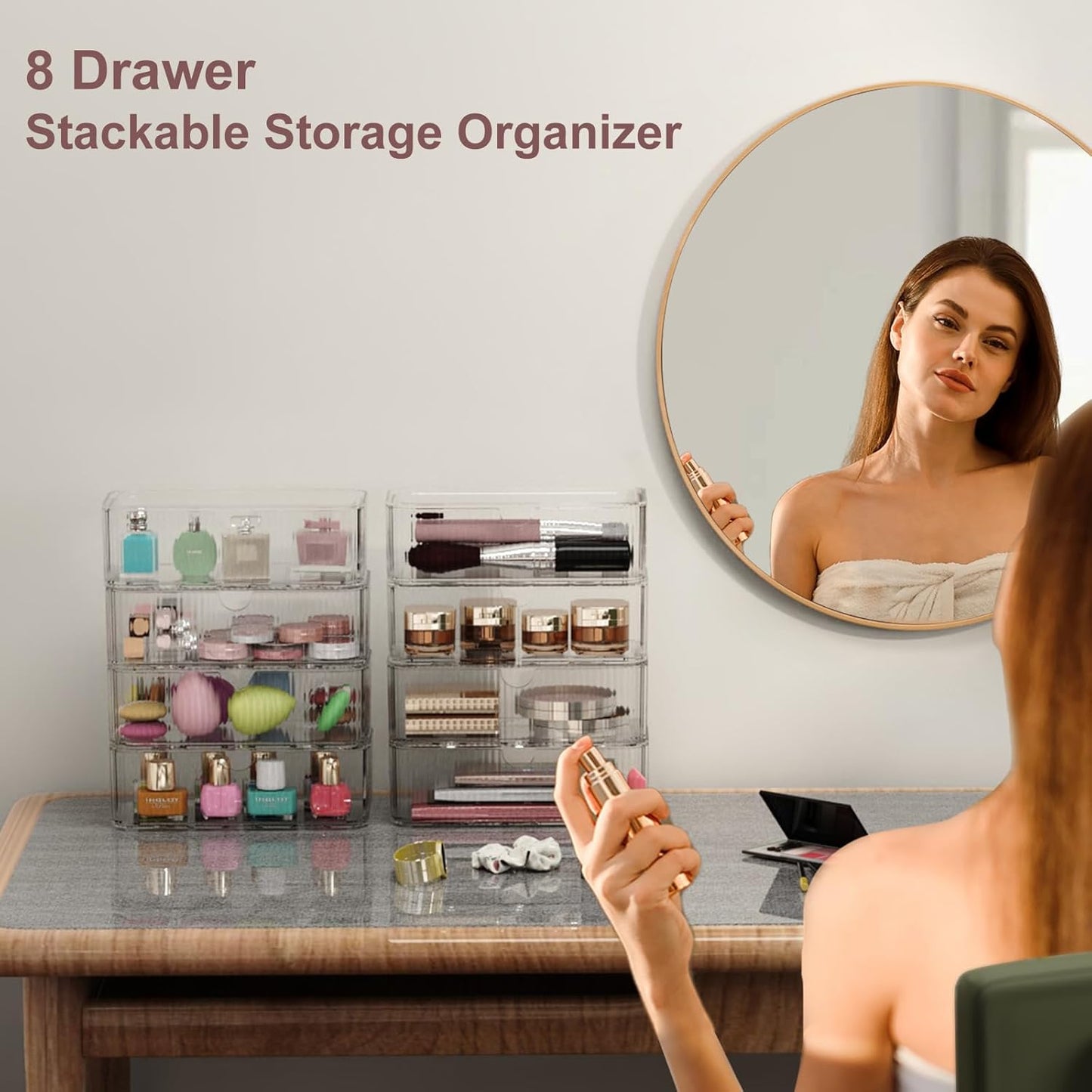 8-Pack Clear Stackable Storage Drawers with 16 Non-Slip Silicone Feet, Multi-Purpose Cosmetic & Home Organizers for Vanity, Office, Bathroom, Pantry, Easy-Pull Transparent Acrylic Storage Bins