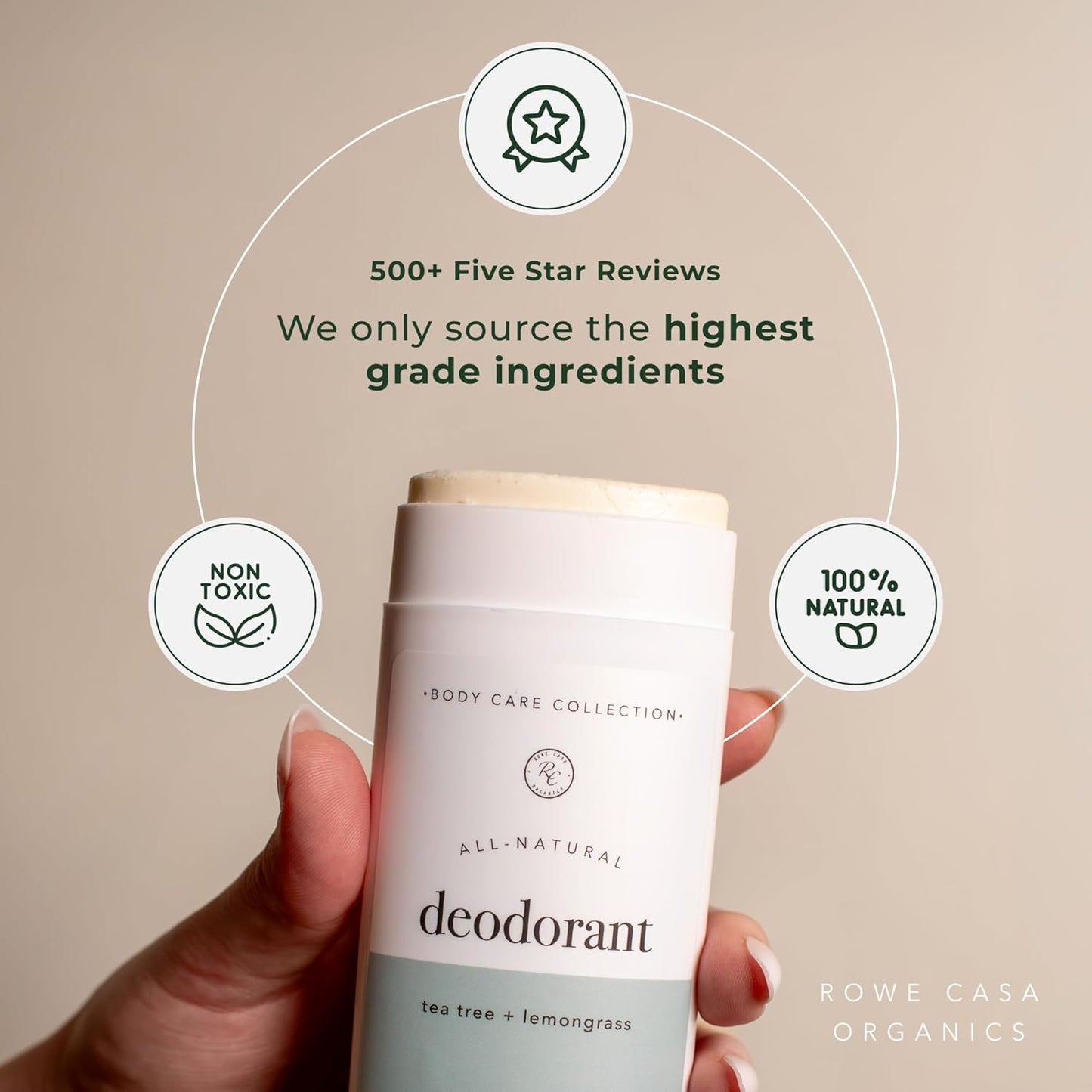 Rowe Casa Organics Tea Tree + Lemongrass Natural Deodorant for Men and Women, Fresh and Energizing Paraben-Free Deodorant Stick with Therapeutic-Grade Essential Oils, 2 oz