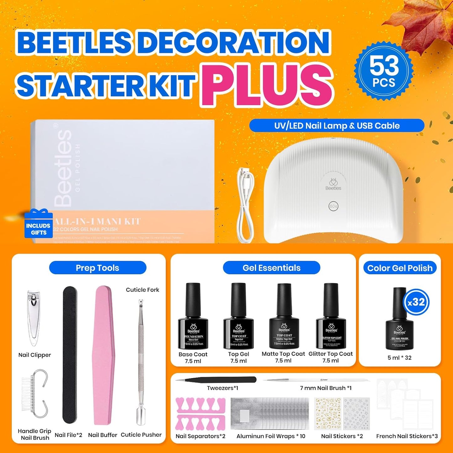 Beetles Gel Nail Polish Kit with U V Light - 53 Pcs Emotional Spectrum Pro 32 Colors Gel Nail Kit with Base &Matte &Glossy Top Coat and Tools Decoration Manicure Set Soak Off Gifts for Women Girls