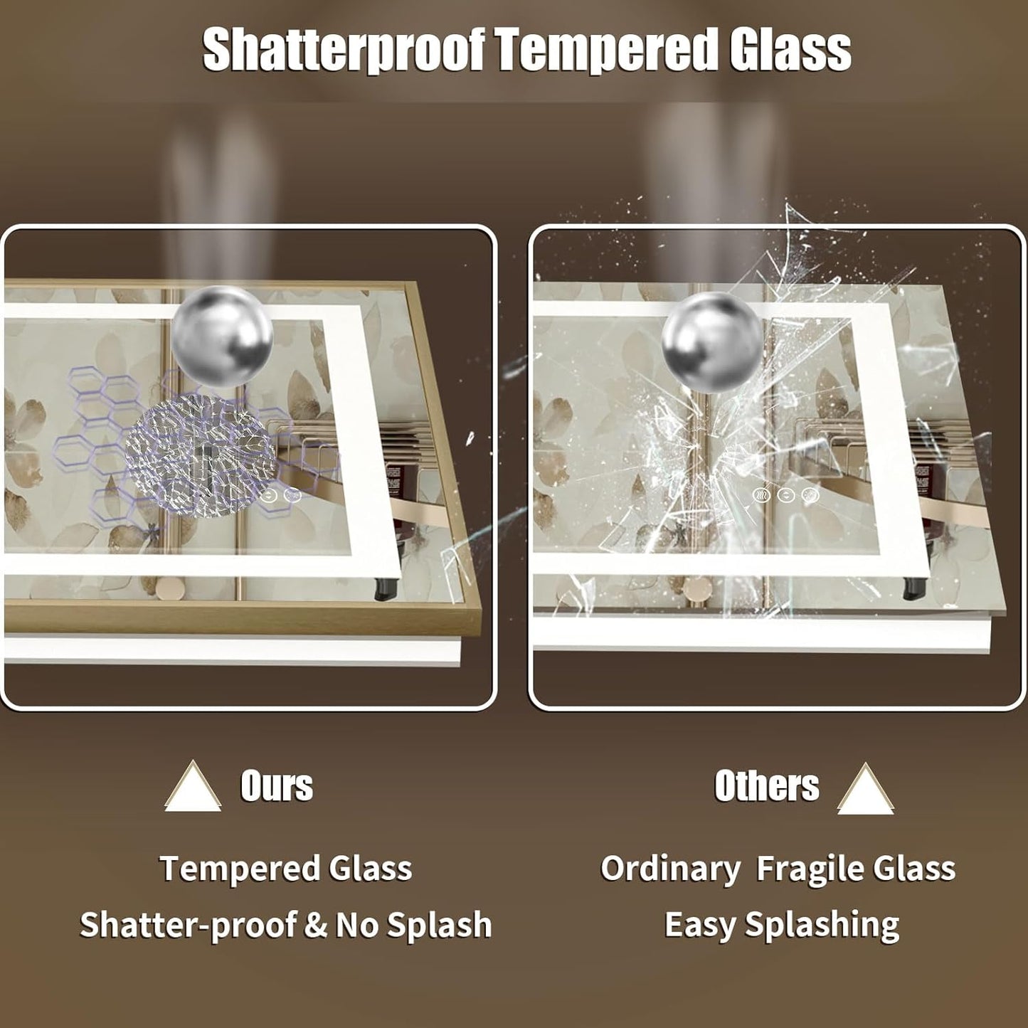 OKPAL 40x32 Gold Lighted Bathroom Mirror with Lights, Frontlit & Backlit LED Bathroom Mirror, Lighted Vanity Mirror, Anti-Fog, Dimmable 3 Colors, Shatterproof, Horizontal/Vertical