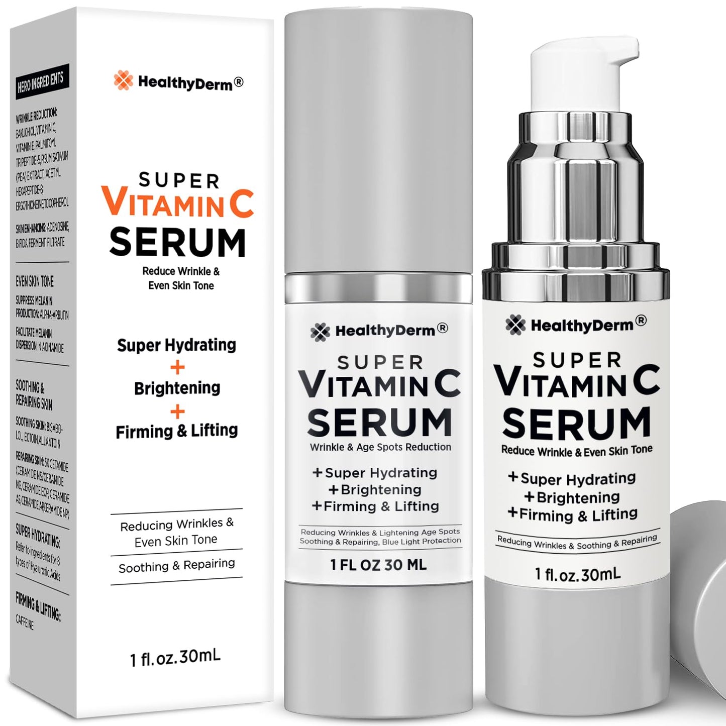 Super Vitamin C Serum for Women Over 70: Niacinamide, Vitamin C, Hyaluronic Acid, Peptides, Vitamin E, Caffeine, Bakuchiol, Hydrating, Lifting, Wrinkle & Age Spots Reduction Pack of 2