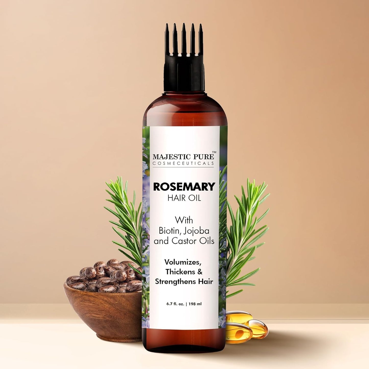Majestic Pure 100% Pure Rosemary Oil For Hair Growth - Strengthening, Nourishing, Volumizing - Infused with Biotin Oil, Jojoba Oil & Castor Oil - Non GMO Verified - 6.7 Fl Oz