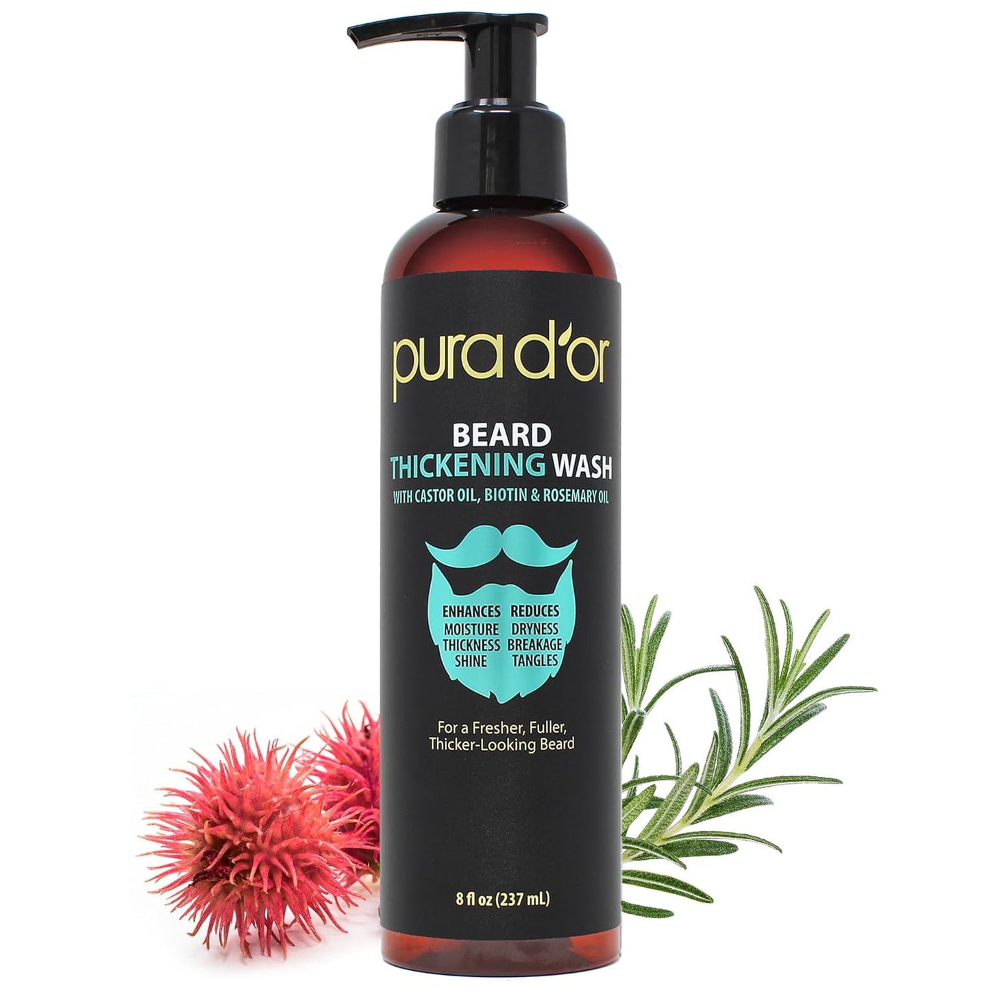 PURA D'OR 8 Oz Thickening Beard Wash - Biotin & Castor Oil Formula with Rosemary - Helps Enhance Moisture, Thickness & Shine, Helps Reduces Dryness & Breakage - For Men