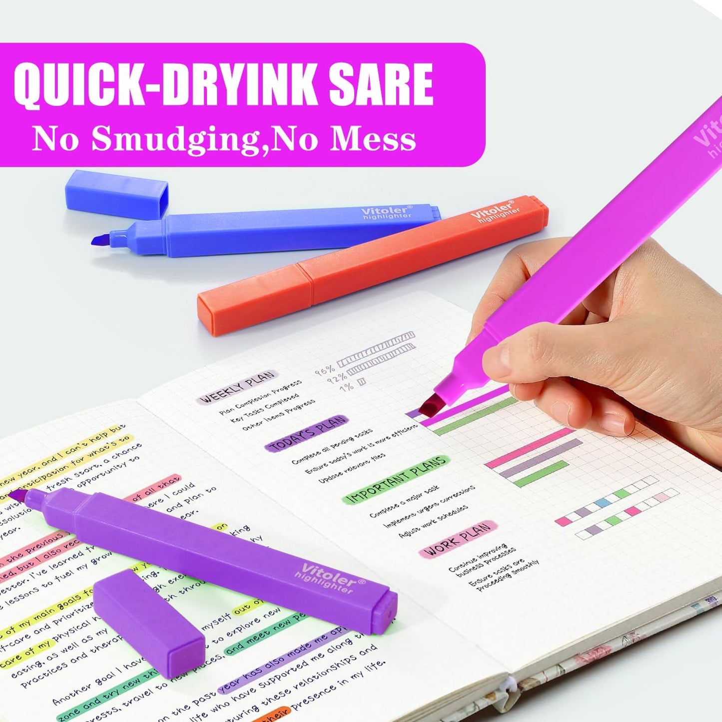 Vitoler Highlighters,10 Pack Assorted Colors Highlighters with Soft Chisel Tip,Bible Highlighter No Bleed,Book Markers for Women