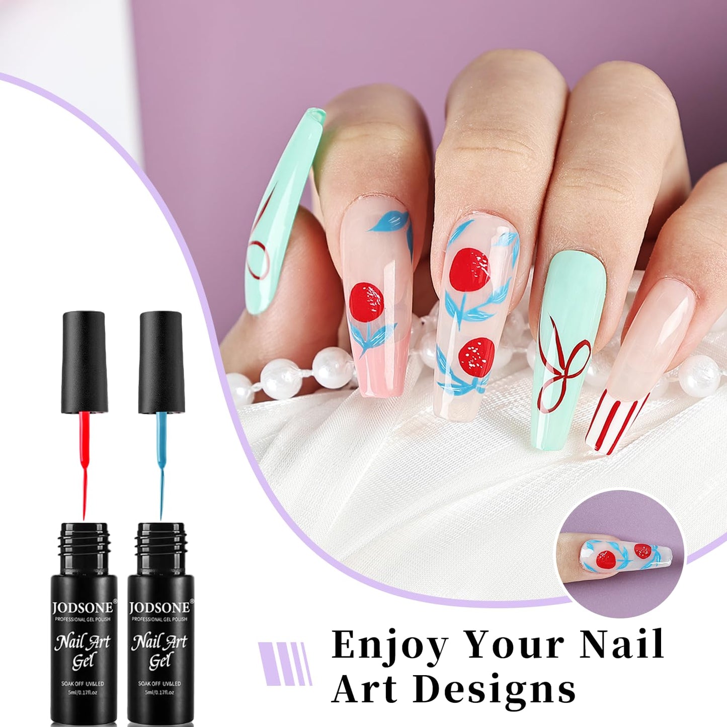 JODSONE Gel Polish Nail Art Gel Liner Set 20 Colors Red Pink Blue Purple with Thin Brush Need U V Lamp Cured Gift for Girls at Home Salon Design