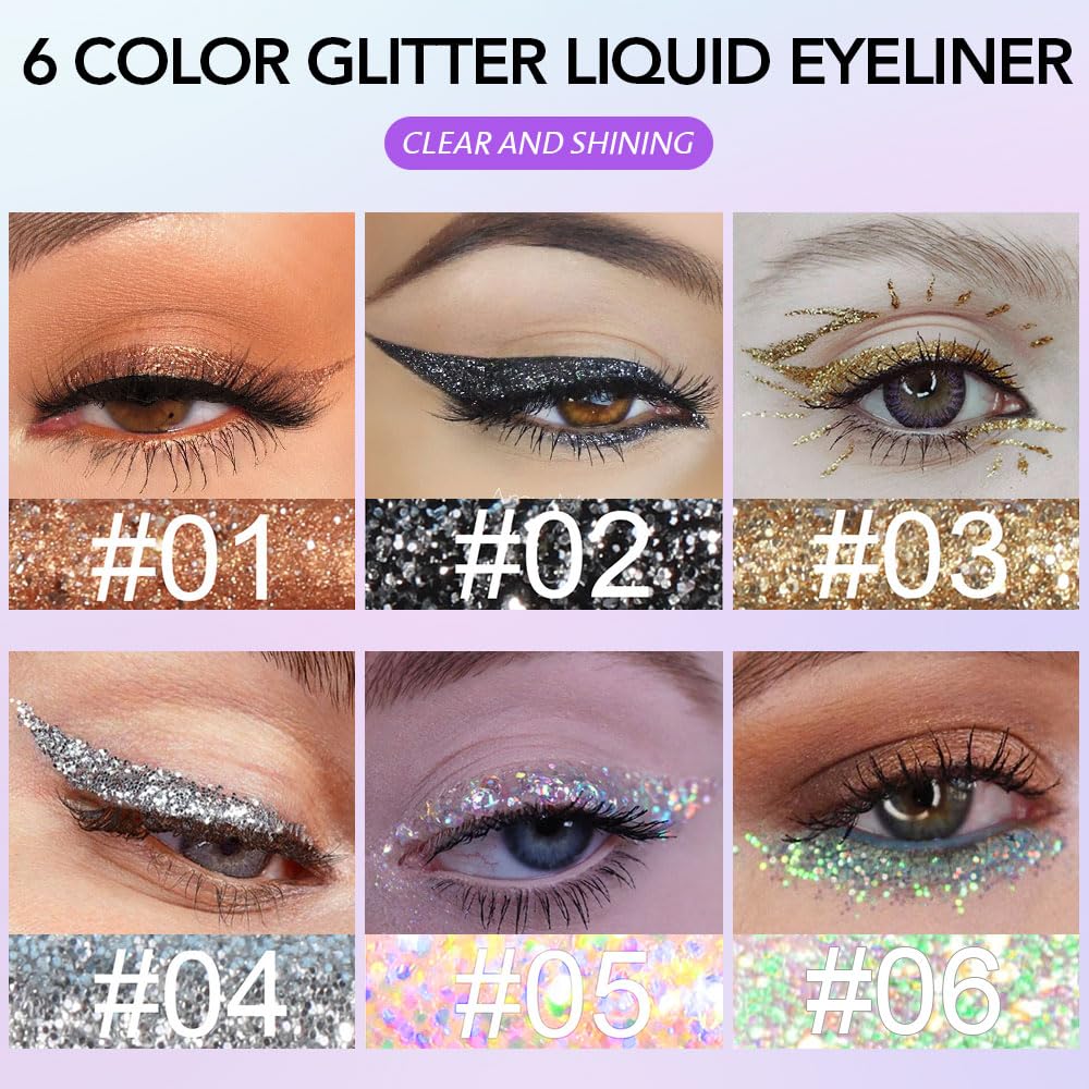 evpct 6Pcs Sparkle Glitter Liquid Eyeliner Eye Makeup Set, Metallic Liquid Eyeliner Waterproof Long-lasting, Liquid Glitter Eye liner in Multi Colors for Stunning Shimmery Eye Look, 01#
