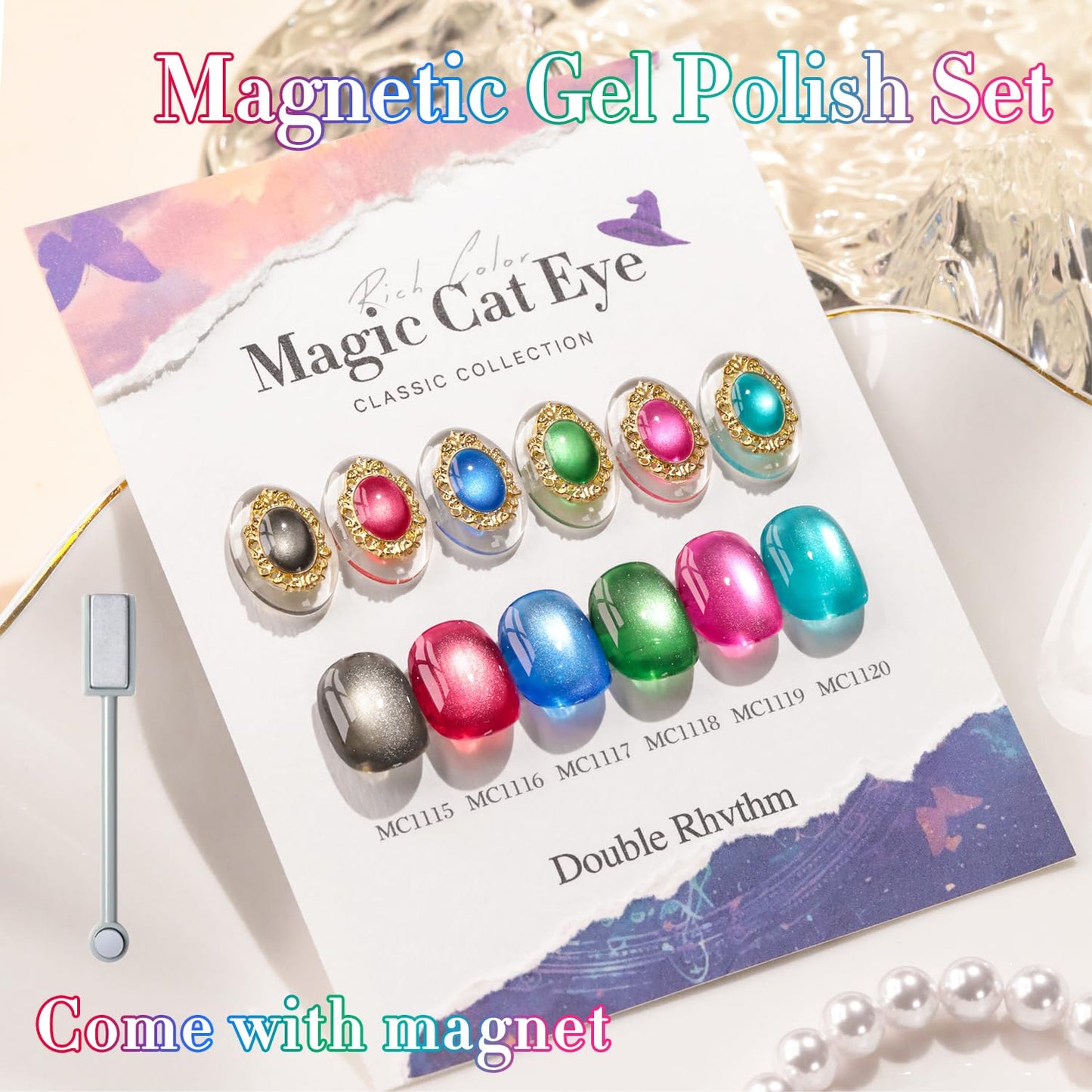 Double Rhythm Cat Eye Gel Polish Set 6 Colors Shimmer Glitter with Magnet Holographic Reflective Magnetic UV Gel Polish Art Kit (Black Burgundy Green Navy 6-Kit 41)