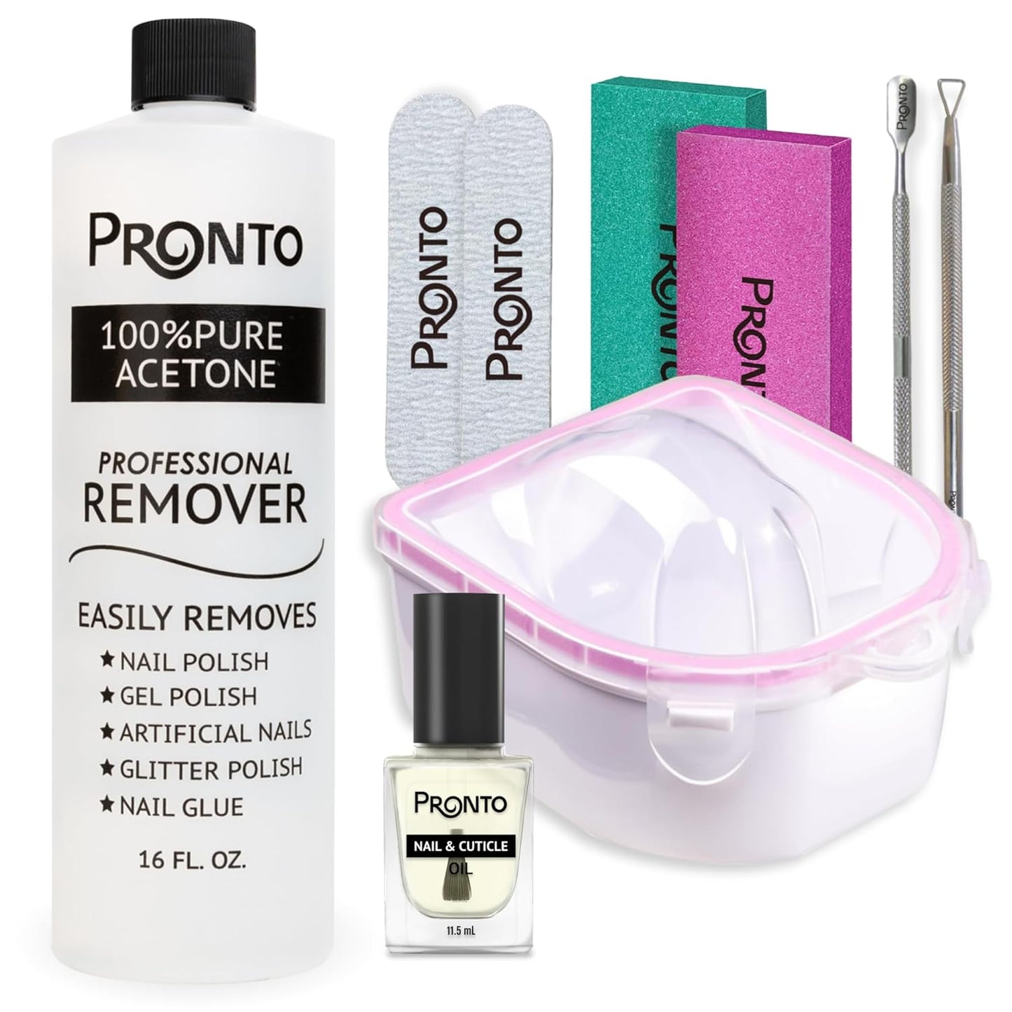 Pronto Gel Nail Polish Remover Kit - 16oz Pure Acetone, Nail Soaking Bowl, Moisturizing Cuticle Oil, Manicure Kit Including Gel Nail Polish Tools, Nail File, Nail Buffer, Cuticle Pusher & Nail Scraper