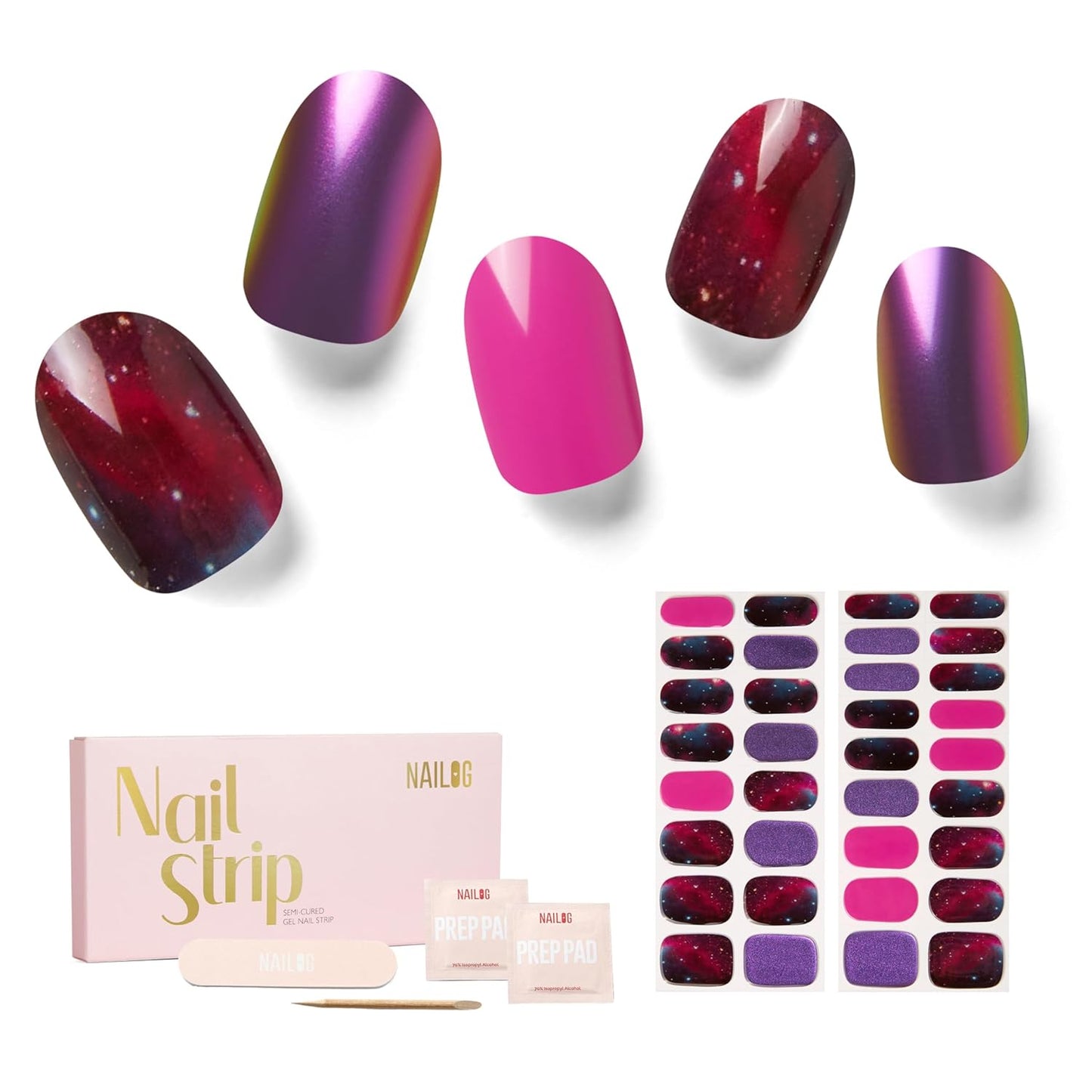 NAILOG Semi Cured Gel Nail Strips 34 pcs| Buy 2 Get 1 UV Lamp | Long Lasting Nail Polish Sticker Wraps with Glossy Gel Finish, Lost in Galaxy