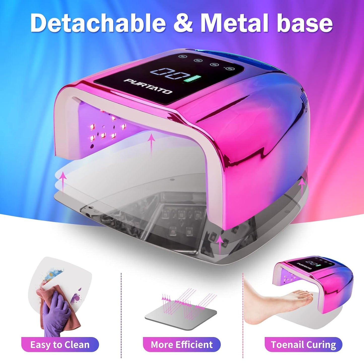 Professional Rechargeable 96W UV LED Portable Cordless UV Light for Nail Lamp Machine with Removable Stainless Steel Bottom,4 Timer Setting and Smart Sensor Nail Dryer (Blue&Purple)