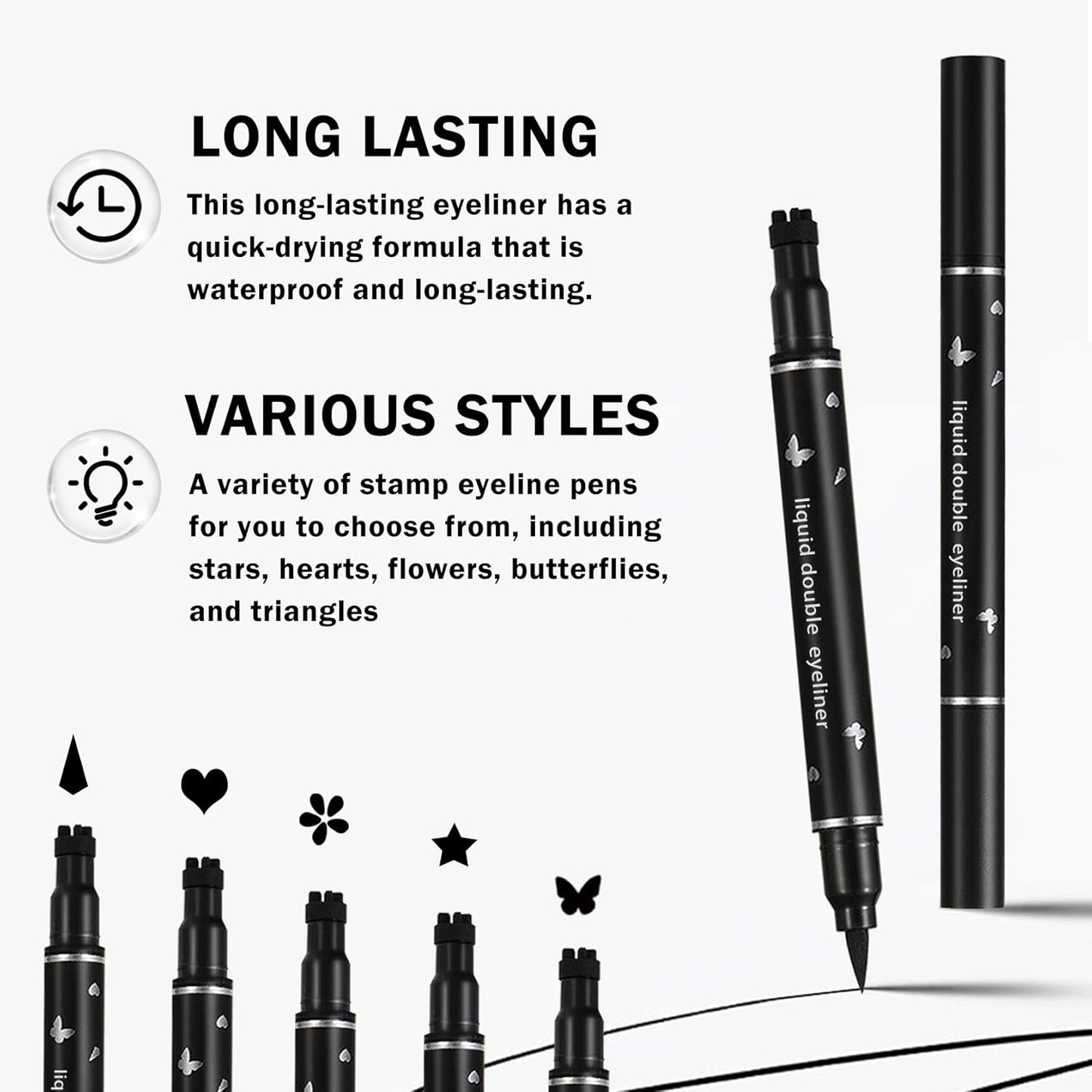 2PCS Double-headed Eyeliner Stamp Pencil Black Liquid Winged Eyeliner Stamp Pen Waterproof Smudgeproof Eye Liner Stamp for Eye Makeup(Heart+Star)