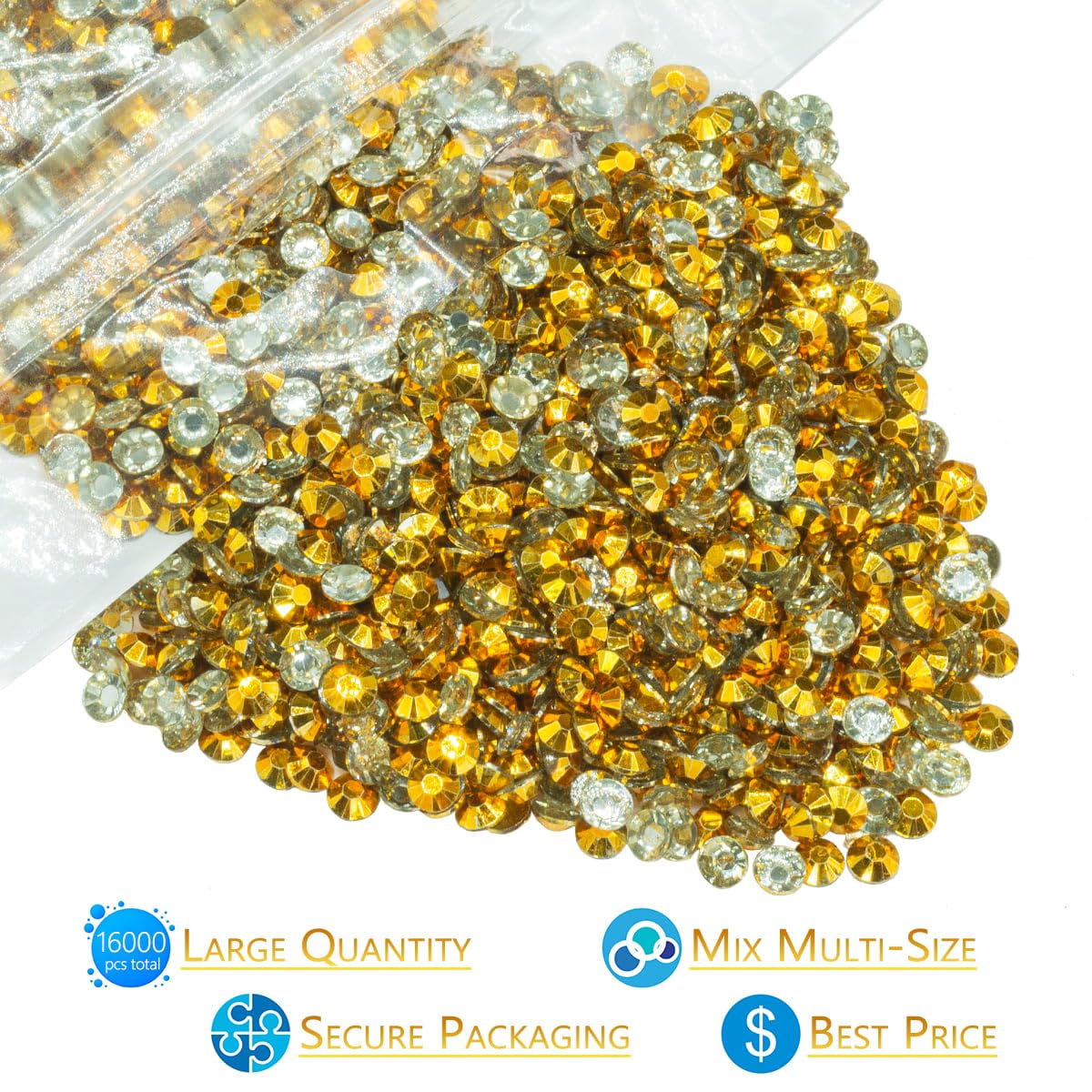 16000PCS Bright Gold Resin Rhinestones for Crafting 3mm 4mm 5mm Golden Flatback Jelly Stones Bulk SS10 SS16 SS20 Non-Hotfix Diamonds Gems for Face Eyes Makeup Tumblers Bottles DIY Crafts Clothes Shoes
