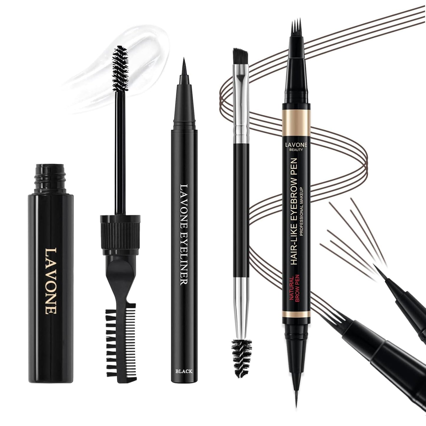 Eyebrow Pen Kit, with Microblading Eyebrow Pen, Eyebrow Gel, Eyeliner, Eyebrow Brush, Eyebrow Pencils for Women, Waterproof, Smudge Proof, Long Lasting Makeup Formula - Black Brown