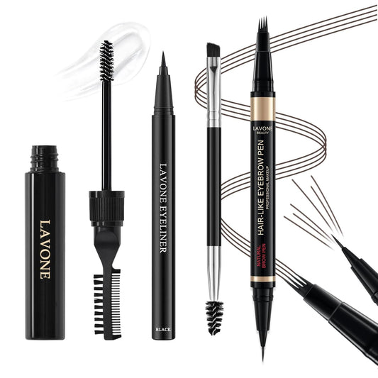 Eyebrow Pen Kit, with Microblading Eyebrow Pen, Eyebrow Gel, Eyeliner, Eyebrow Brush, Eyebrow Pencils for Women, Waterproof, Smudge Proof, Long Lasting Makeup Formula - Black Brown