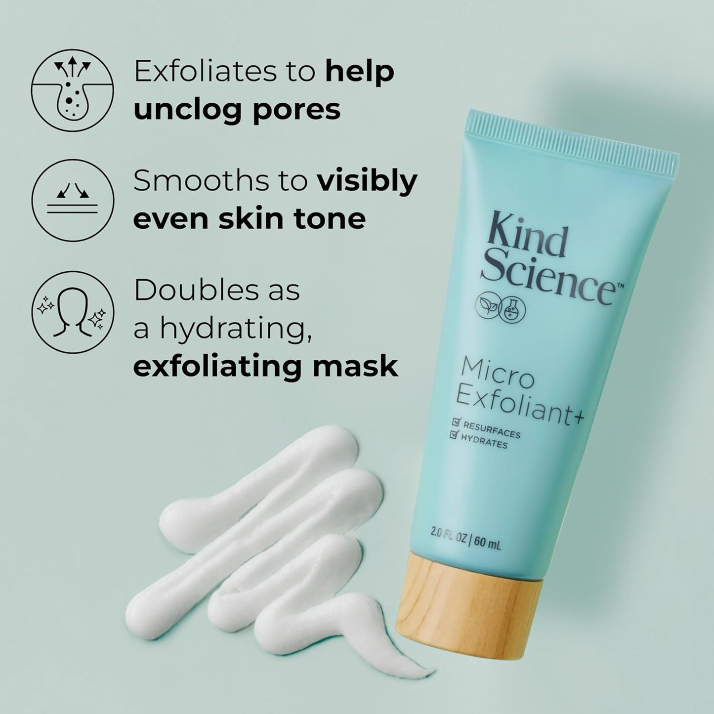 Kind Science Micro Exfoliant Face Scrub - 2-in-1 Exfoliating Face Wash + Facial Mask with AHA to Smooth & Hydrate Skin - Paraben & Fragrance Free, Cruelty Free, 2 oz