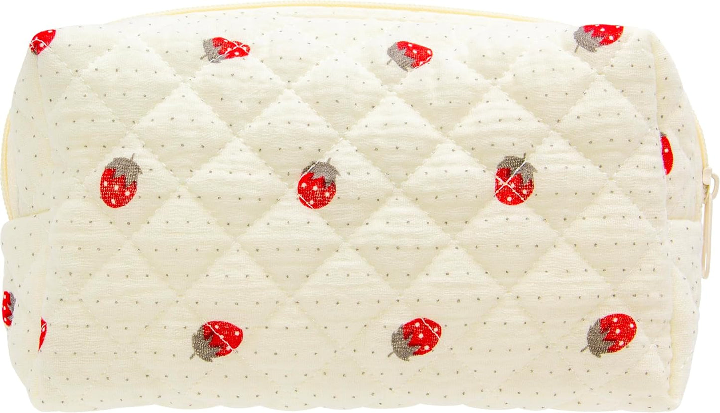 PAZIMIIK Vintage Quilted Makeup Bag Cosmetic Pouch for Brushes Pencils and Travel Make Up Accessories for Women and Girls Gauze Strawberry