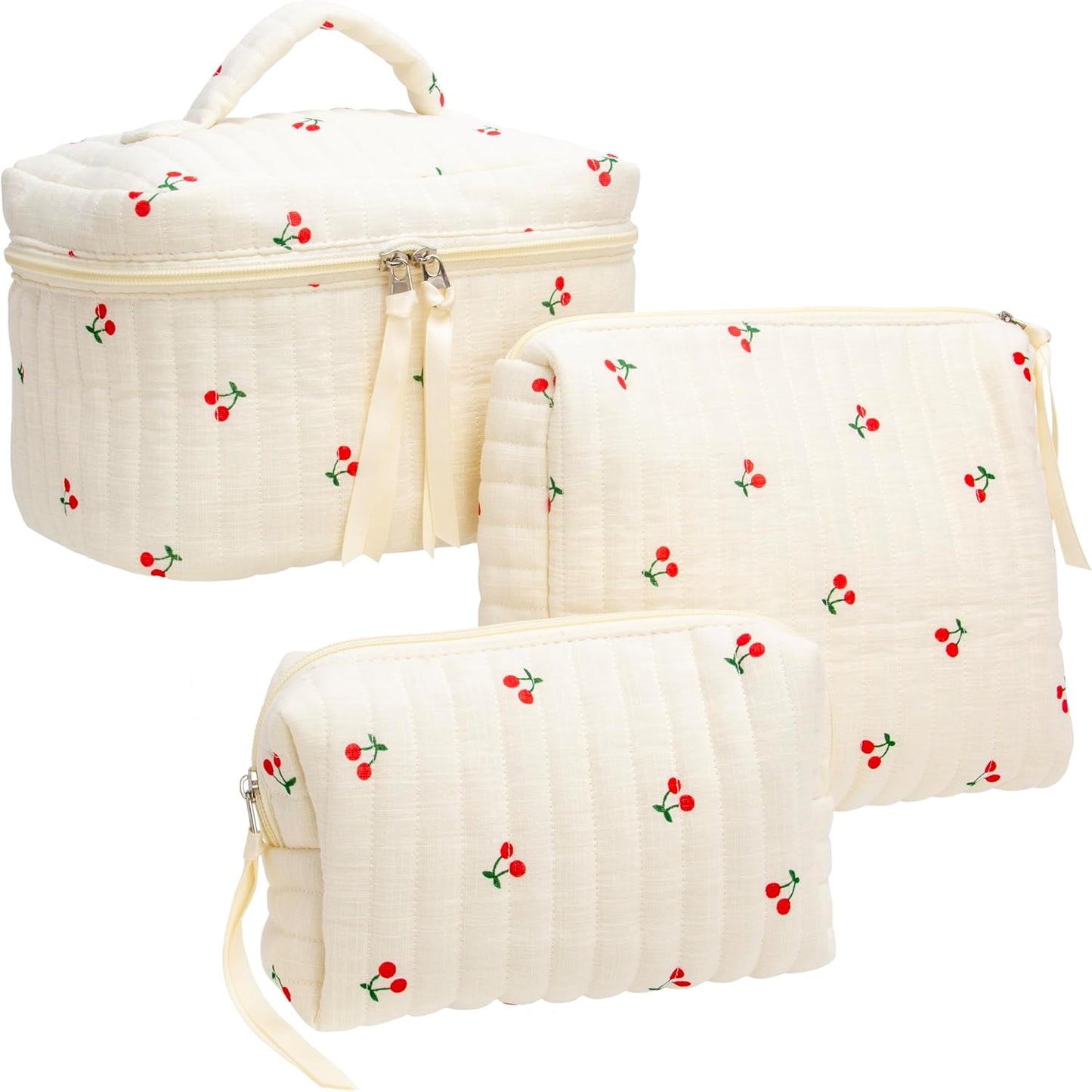 PAZIMIIK 3PCS Makeup Bag SET Large Travel Quilted Zipper Soft Cosmetic Case Pouch for Women Girls Make Up,Cherry Beige