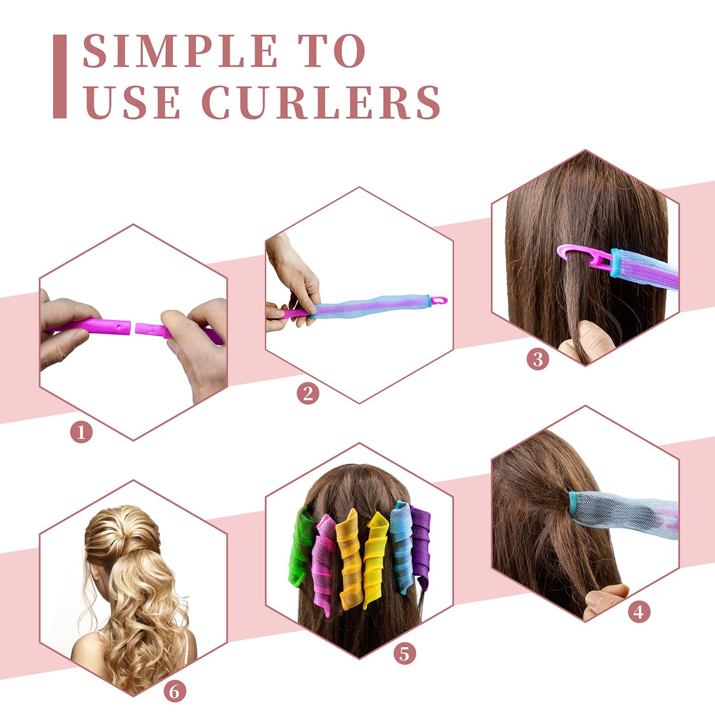 30pcs Heatless Hair Curlers Rollers Spiral Curls Styling Kit with 2 Sets Styling Hooks,No Heat Curlers for Women Girl's (9.8 Inch/25 cm)
