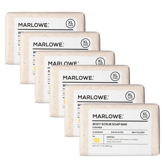 MARLOWE. No. 102 Body Scrub Soap 7 oz (6 Bars), Santal, Exfoliating Soap Bar with Shea Butter, Olive Oil & Green Tea Extracts, Cleanses, Smooths & Revitalizes Skin, Warm Amber, Spice & Citron Scent