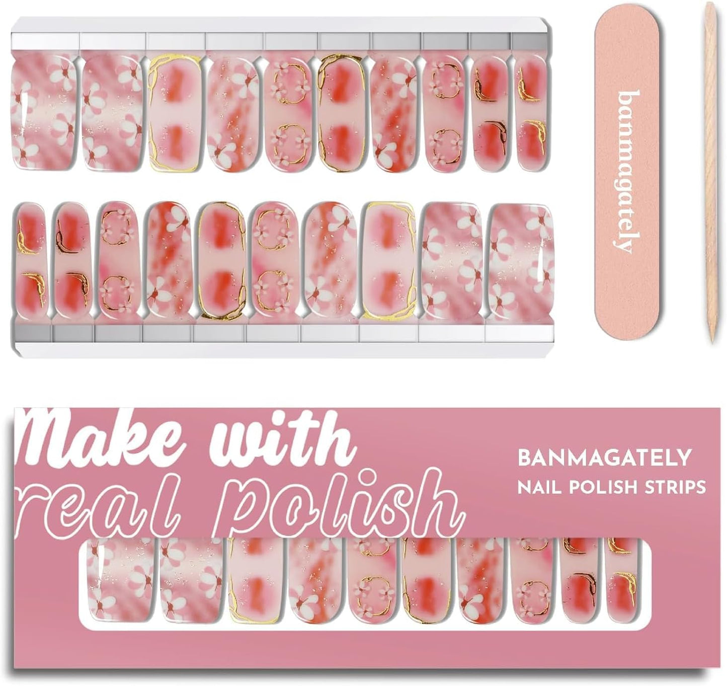 Nail Polish Strips, 20Pcs Salon Quality Gel Nail Stickers, Easy Long Lasting Wraps for Short Nails no UV Light Needed (Spring Pink Flower)