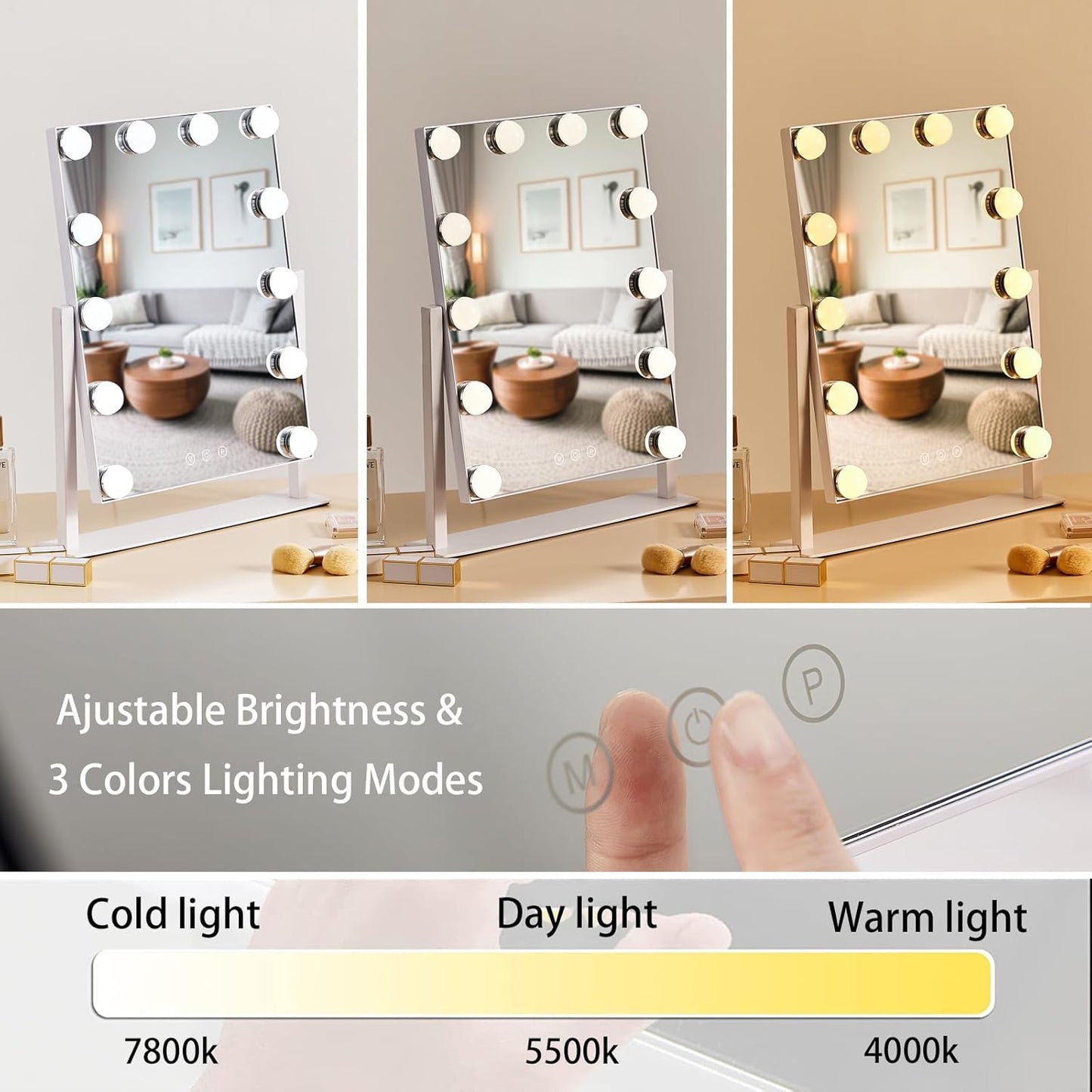 HIEEY Hollywood Vanity Mirror with 12 Dimmable Bulbs Lights, Three Color Lighting Modes, and 5X Magnification, Smart Touch Control, 360°Rotation (White,Gift Box)
