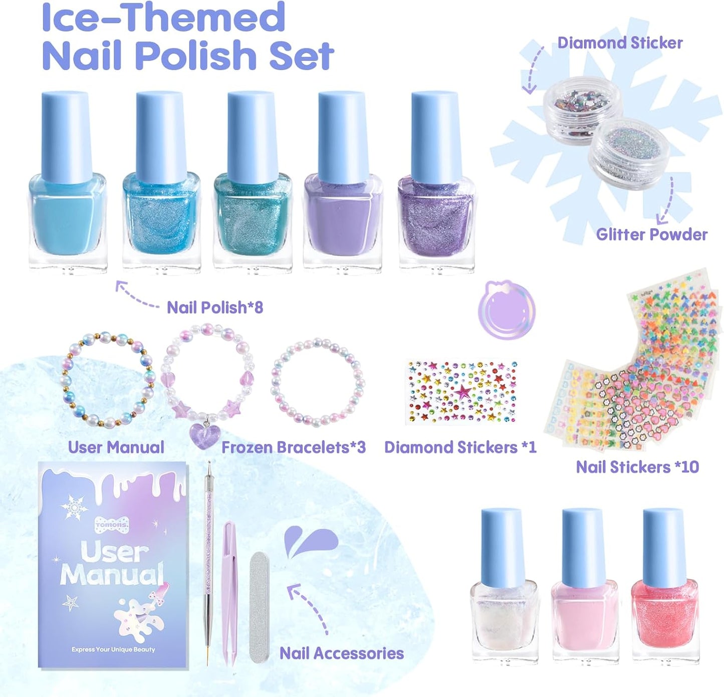 Tomons Kids Nail Polish Set for Girls, Non Toxic Nail Polish Art Kit for Kids Ages 7-12, Toys Gifts for 8 9 10 11 12 Girl, Bracelets, Glitter, Sequins, Stickers - 8 Colors
