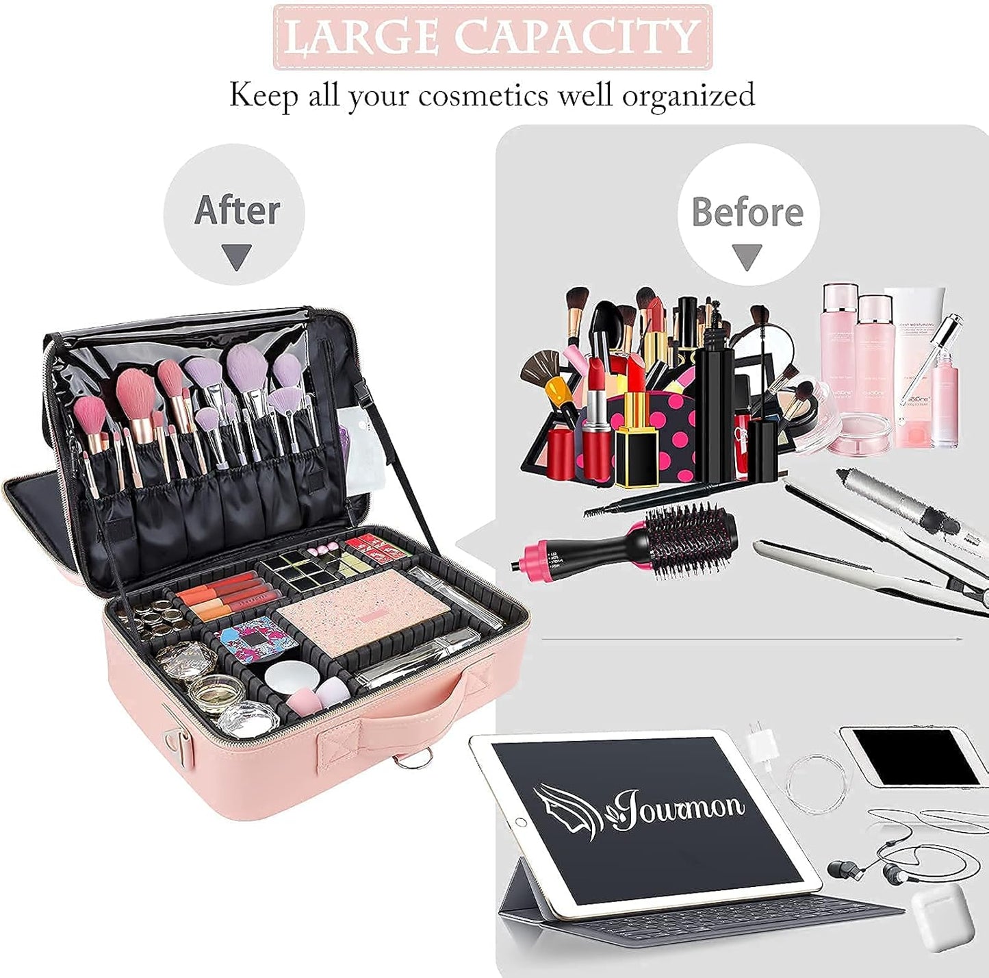 JOURMON Travel Makeup Case Portable Makeup Train Case Organizer Cosmetic Bag with Adjustable Dividers and Shoulder Strap for Makeup Brushes Toiletry Travel Accessories(Pink, L)