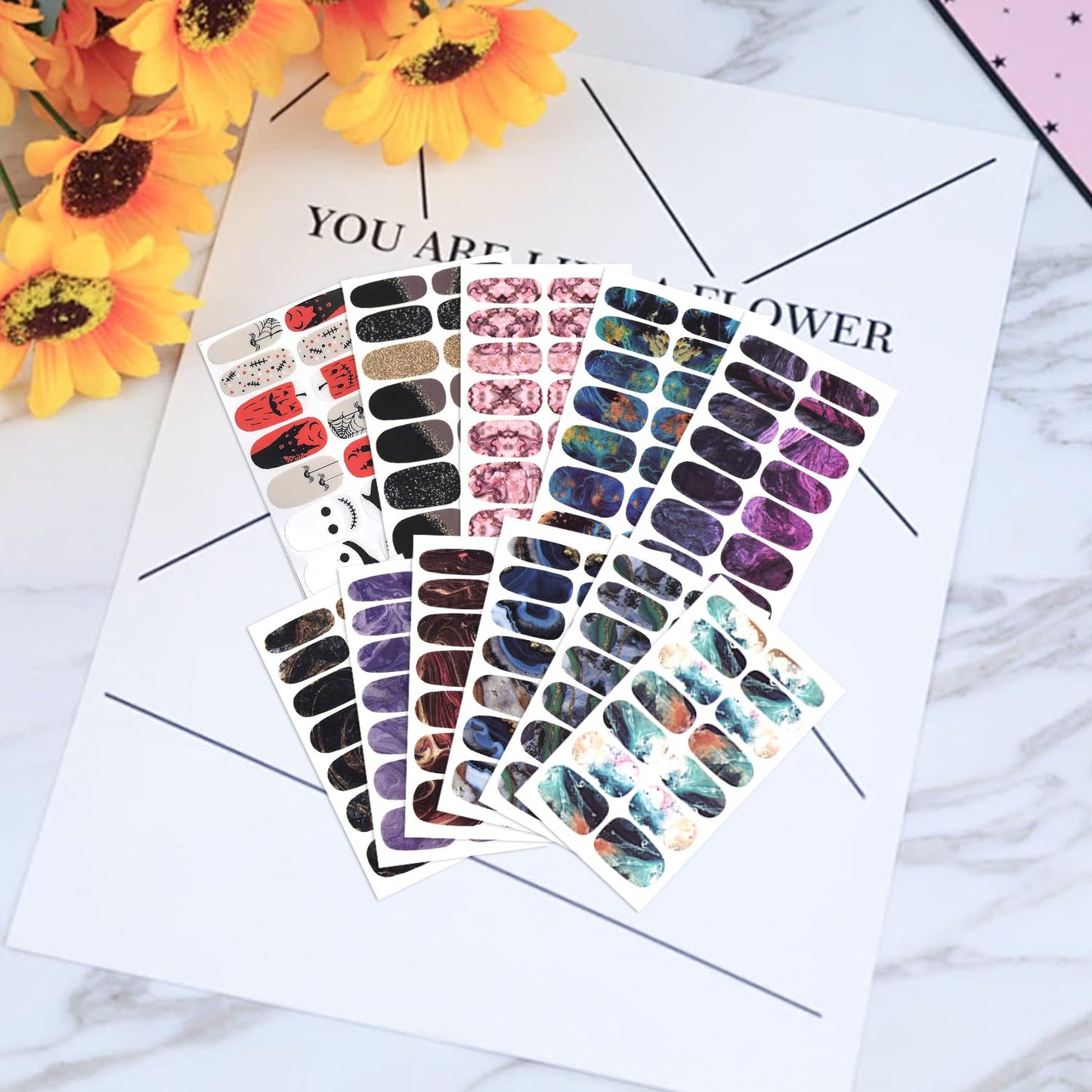 WOKOTO 20 Sheets Halloween Nail Polish Strips, Black Gradient Nail Stickers Full Wraps Kit with Nail File - Pumpkin, Bat, Ghost, Witch, Spider Halloween Nail Polish Stickers for Women Girls