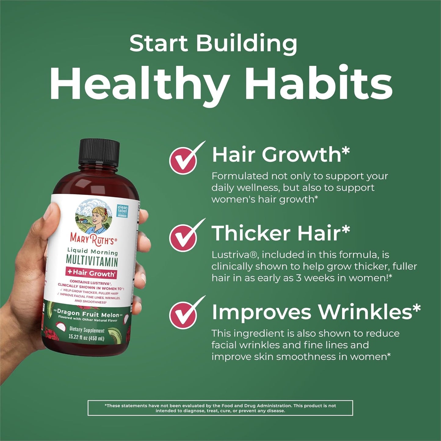 MaryRuth's Liquid Multivitamin + Hair Growth | Biotin 10000mcg | Lustriva Hair Growth Supplement | Clinically Tested in Women for Thicker Hair & Facial Wrinkle | Skin Care | Ages 18+ | 15.22 Fl Oz