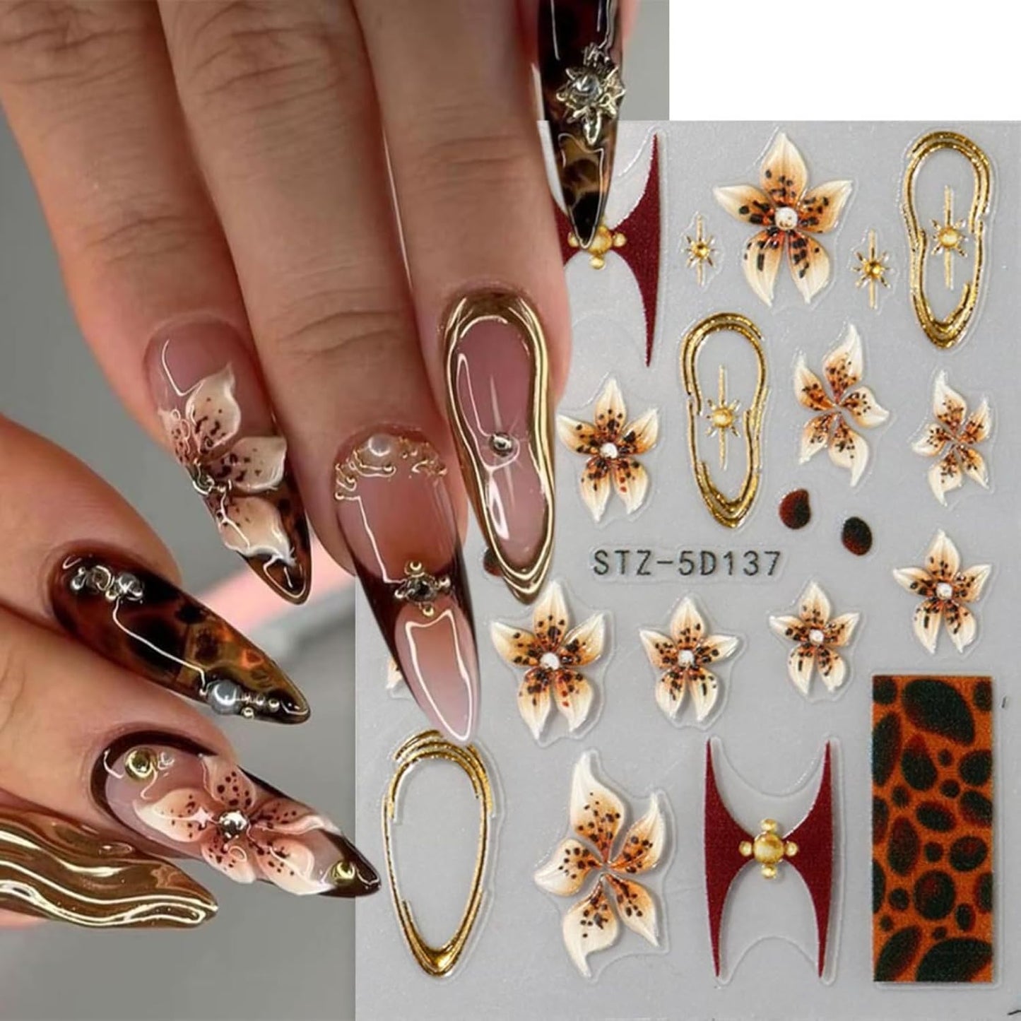 Flower Nail Art Stickers 5D Yellow Brown Flowers Nail Decals 2Pcs Leopard Print Nail Art Supplies Floral Gold Frame Star Autumn Nail Stickers French Sliders for Women Thanksgiving Nail Decorations