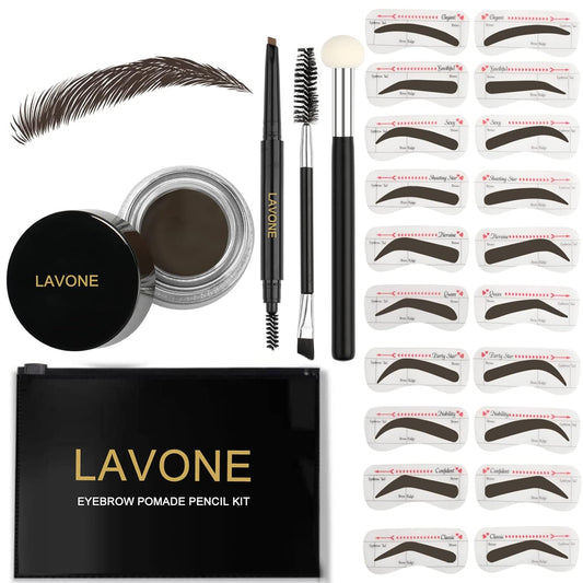 LAVONE Eyebrow Stamp Stencil Kit for Eyebrows, Brow Stamp Trio Kit with Waterproof Eyebrow Pencil, Eyebrow Pomade, 20 Eyebrow Stencils, Dual-ended Eyebrow Brush and Sponge Applicator - Medium Brown