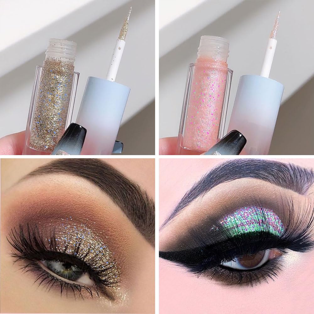 Liquid Sparkling Glitter Eye Shadow Sticks Set: Crystal Silver Golden Eyeshadow, Eyeliner, Eyelid, Liquid Highlight Shimmer Makeup for Eyes,Waterproof Quick-Drying,2 Pcs (02+05)