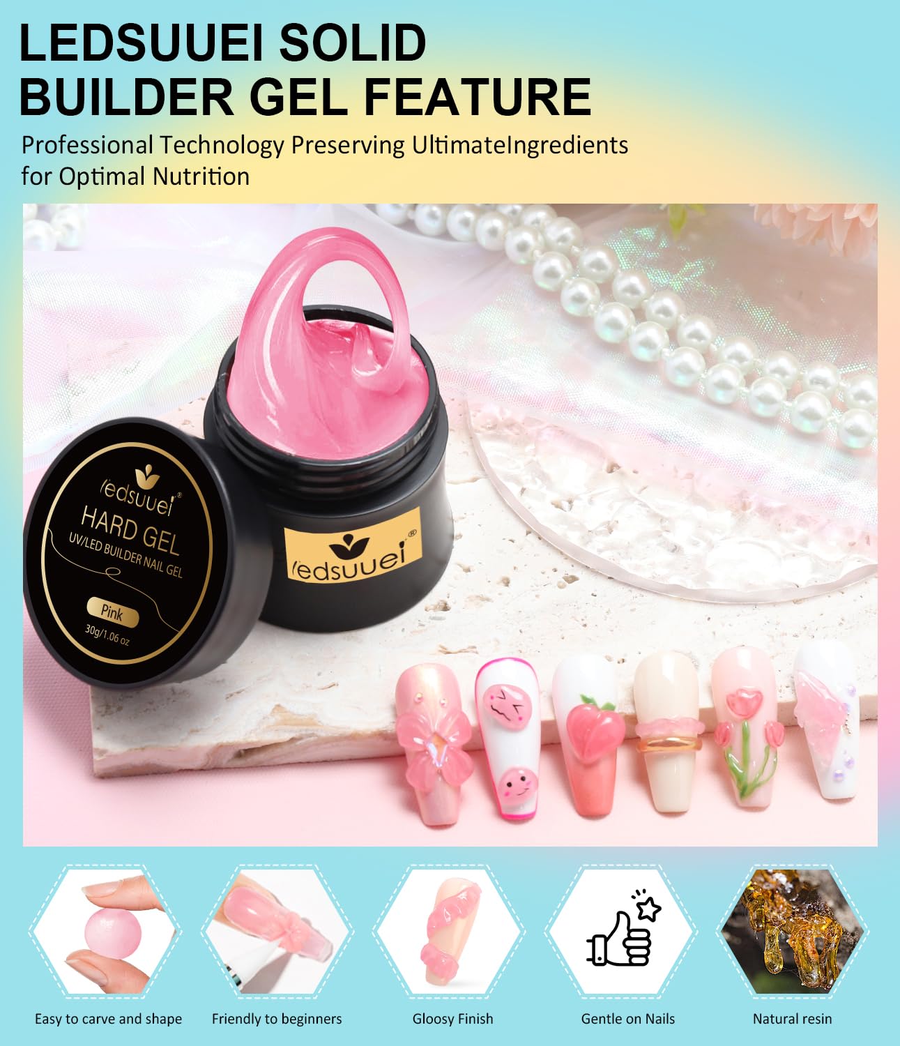Solid Builder Gel for Nails LEDSUUEI - Pink 3D Nail Gel Sculpting Non-Sticky Hand Carving Glue Extension for Manicure Salon Home Decoration DIY 20g