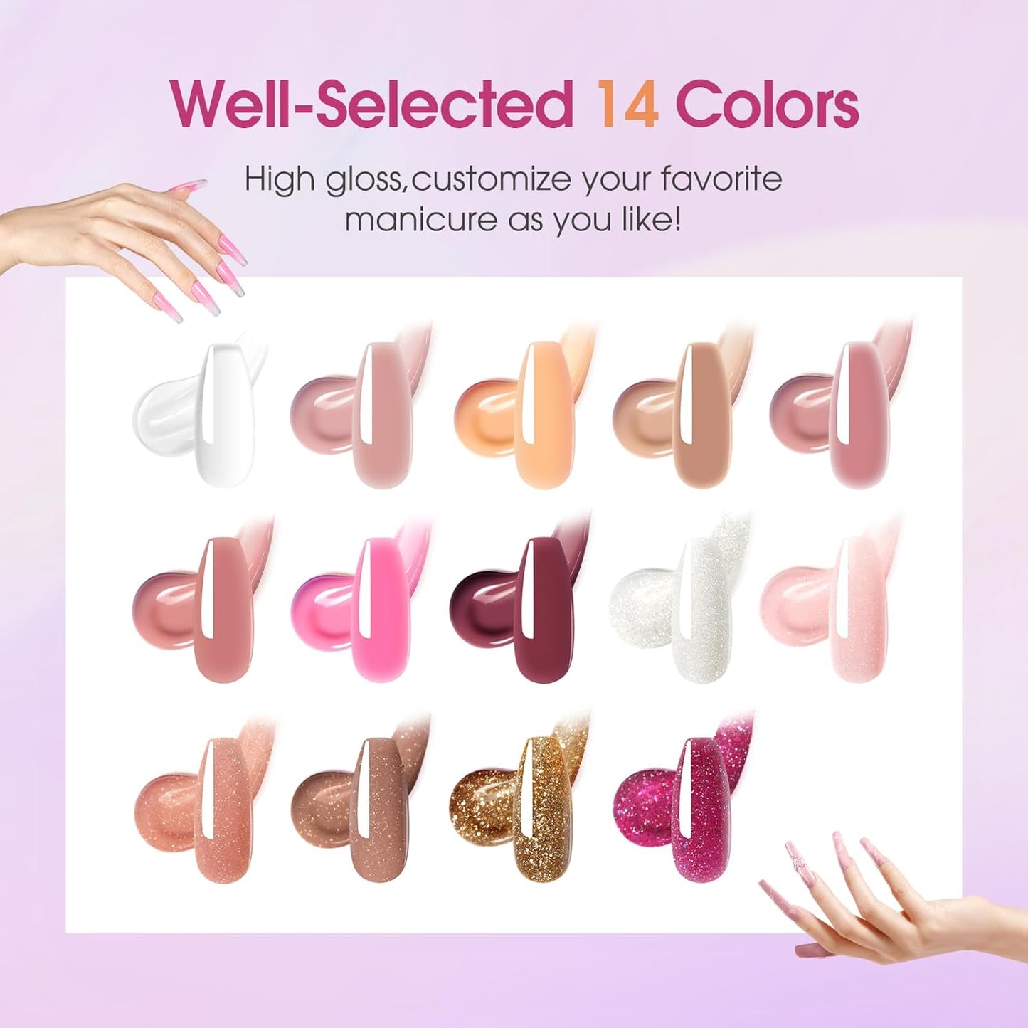 ROSALIND Poly Nail Gel Colors Kit -14 Colors +72 Nail Art Accessories kit Glitter Poly Nails Gel Kit Starter Kit with Mini UV Lamp Slip Solution Nude Pink Poly Nail Art for Beginners with Everything