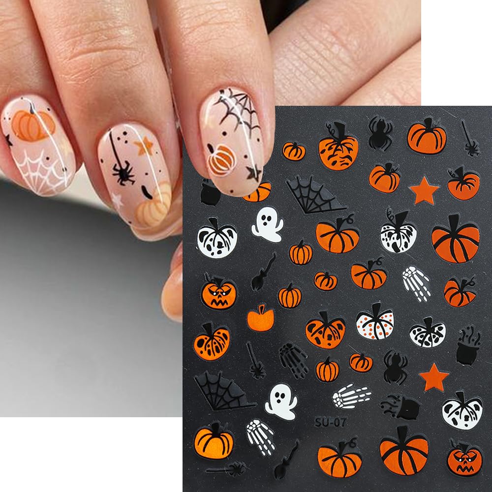 8Sheets Halloween Nail Art Stickers Cute Ghost Pumpkin 3D Self-Adhesive Nail Decals Spider Web Blood Flame Designs Nail Decorations Fall Thanksgiving Nail Supplies for Women DIY Manicure Art