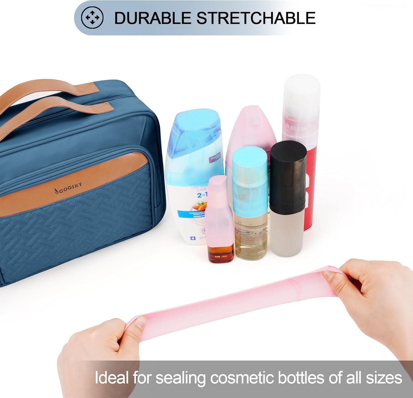 Travel Hanging Toiletry Bag for Women and Men, with 8 Leak Proofing Silicone Bottle Covers, Waterproof Makeup Accessories, Cosmetic Essentials, Toiletries Dopp Kit Set with Jewelry Organizer, Navy