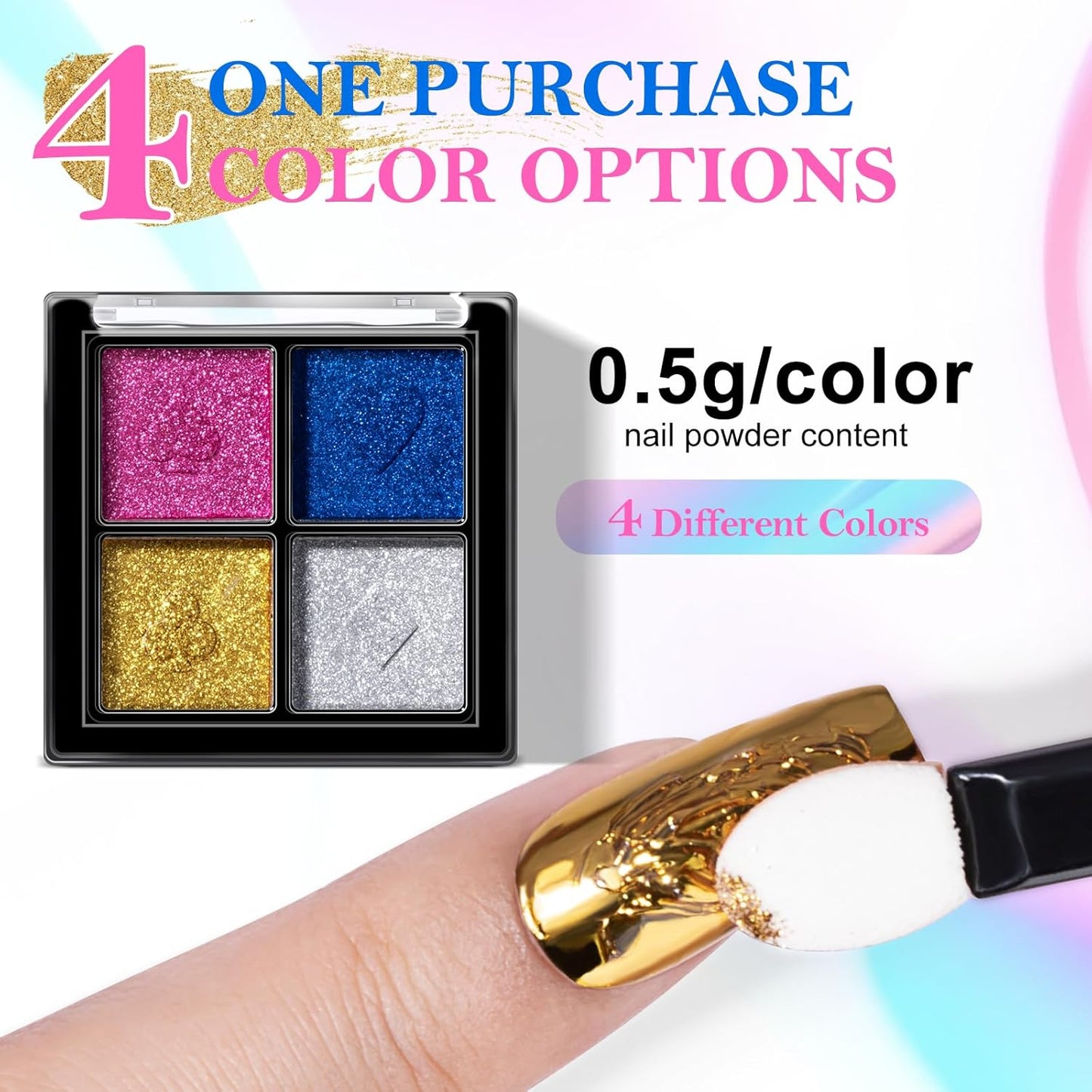 NXJ INFILILA Gold Silver Chrome Nail Powder, 4 Classic Colors Mirror Effect - Gold, Silver, Pink, Blue, Metallic Magnetic Glitter Polish Powder Pallete for Gel Nails, DIY Manicure Art Supplies Kit