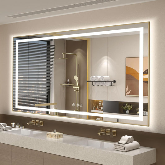 OKPAL 60x36 LED Bathroom Mirror Gold Metal Framed Front Light & Backlit, Lighted Vanity Mirror, Anti-Fog, Dimmable, 3 Colors, Shatterproof, ETL Listed, Horizontal/Vertical