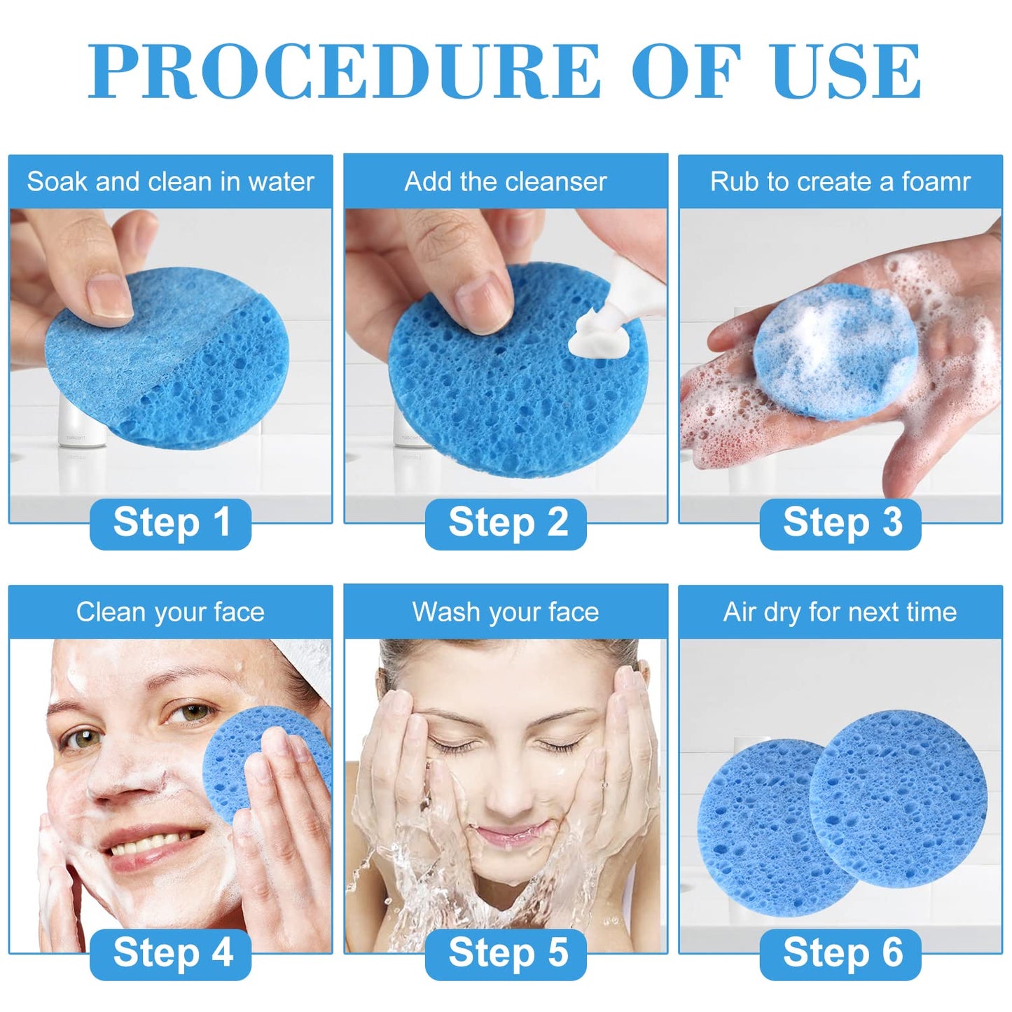 50-Count Facial Sponges Compressed Natural Cellulose Sponge Round Shape Face Sponge for Face Cleansing Exfoliating and Makeup Removal, Mixed Color