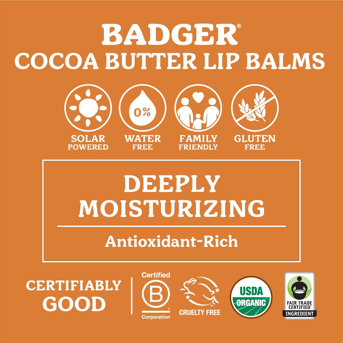 Badger Creamy Cocoa Cocoa Butter Lip Balm, Long Lasting Hydrating Lip Moisturizer, Fair Trade, Large Size Stick, 100% Organic Lip Care, 4-pack
