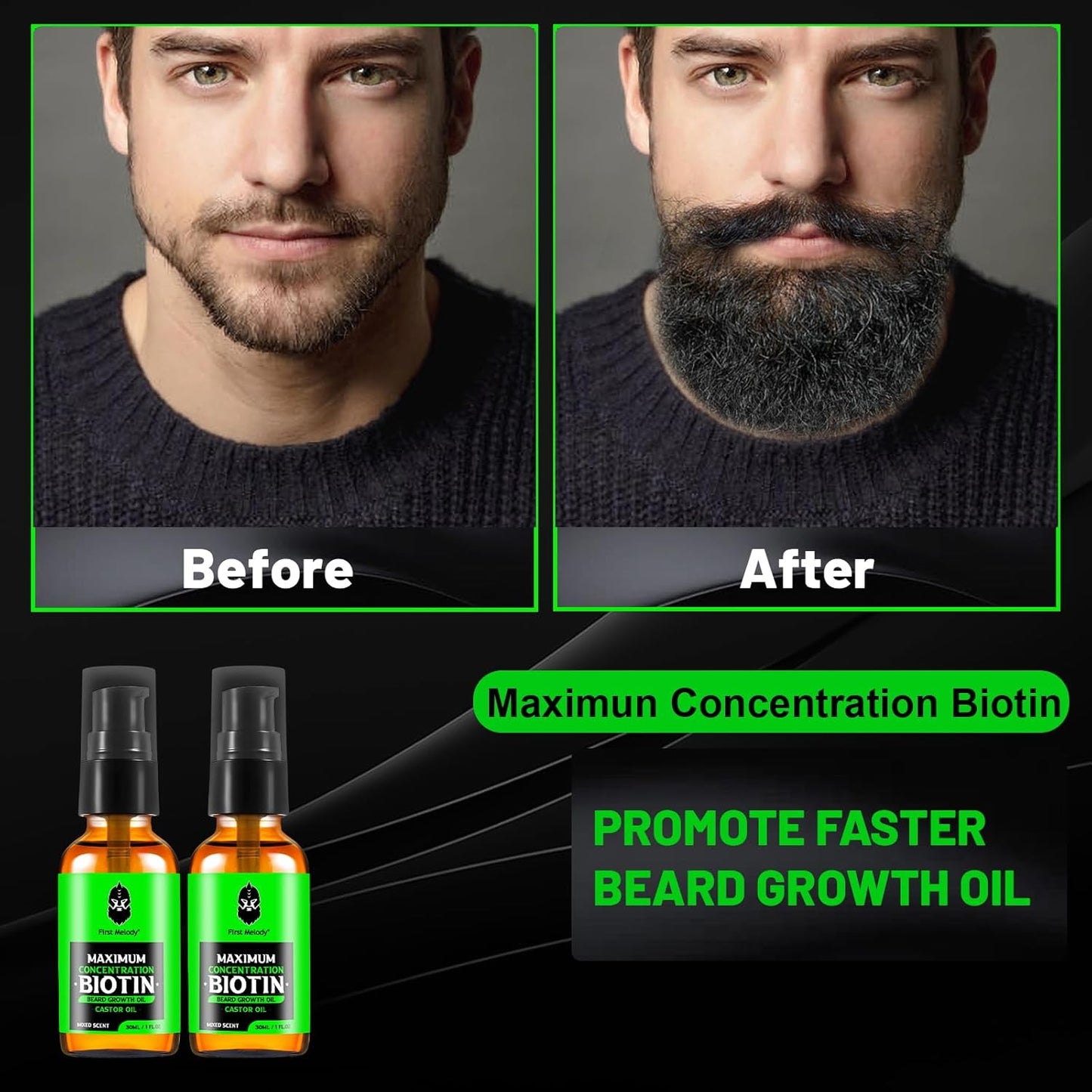Beard Oil,Maximun Thickening Biotin, with Castor Oil and Argan & Jojoba Oils, Promotes Beard Growth, Styles, Strengthens & Softens Beards & Mustaches,1 Ounce*2（2 Pack）