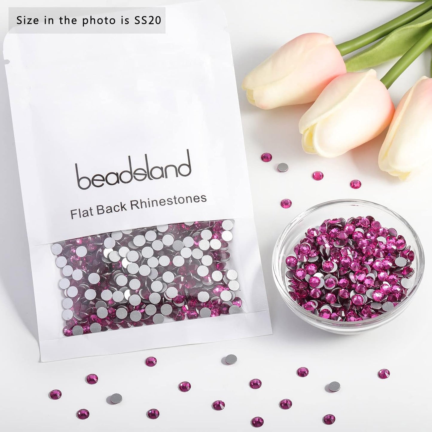 Beadsland 1440pcs Flat Back Crystal Rhinestones Round Gems for Nail Art and Craft Glue Fix, Fuchsia,SS20,4.6-4.8mm