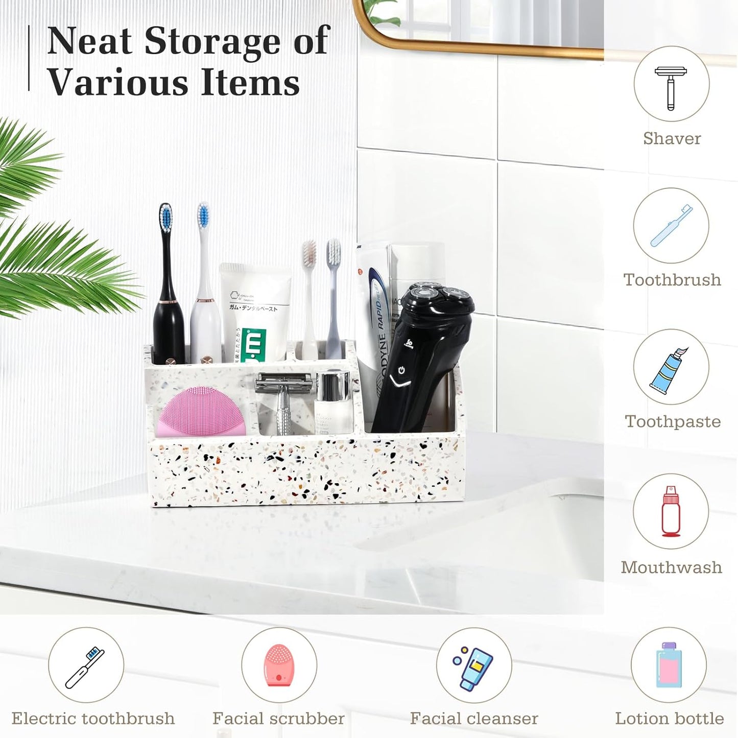 Luxspire Bathroom Counter Organizer, Toothbrush Holder for Bathroom 5 Slot, Large Bathroom Countertop Organizer Storage Bathroom Accessories for Toothbrush Toothpaste, Terrazzo